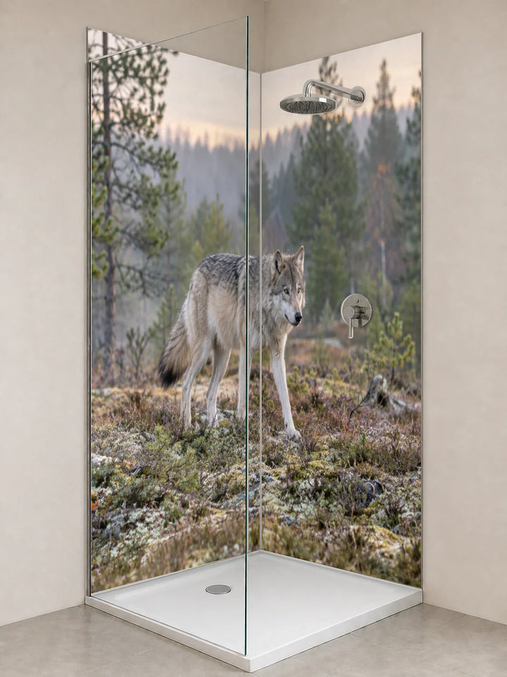 Duschrückwand „Wolf am schwedischen Waldrand“ als installierte Rückwand in einer hellen Dusche