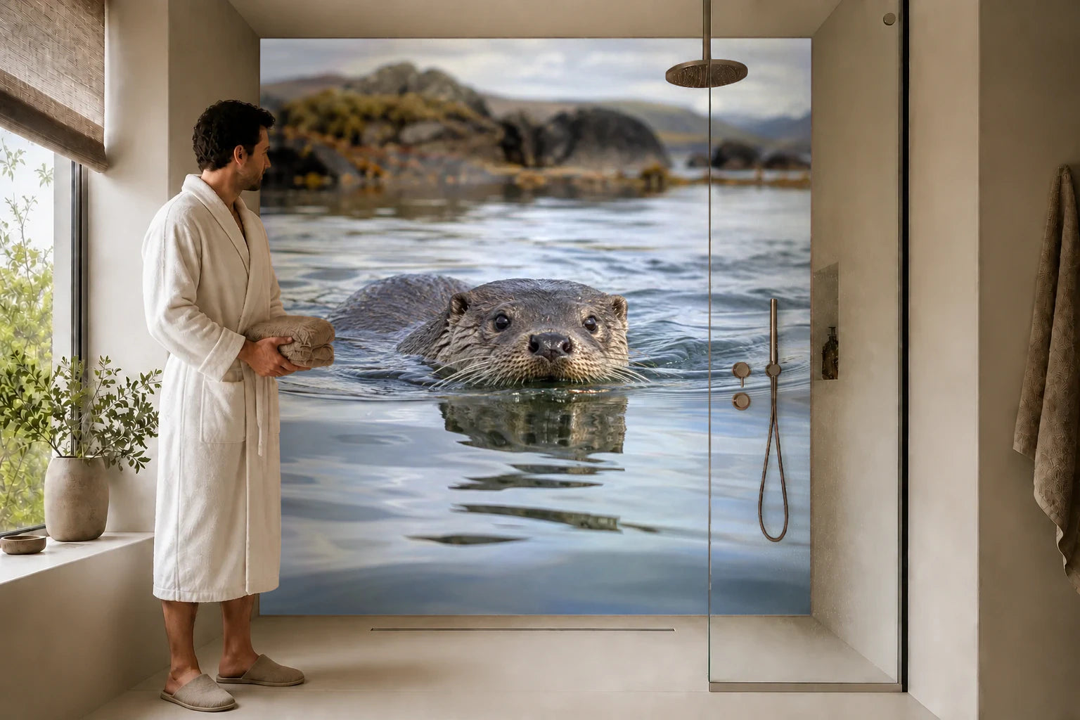 Duschrückwand „Fischotter an der schottischen Küste“ in einer Dusche mit einem Mann im Bademantel