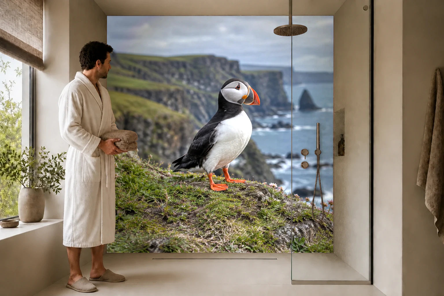 Duschrückwand „Papageitaucher auf Islands Klippen“ in einer Dusche mit einem Mann im Bademantel