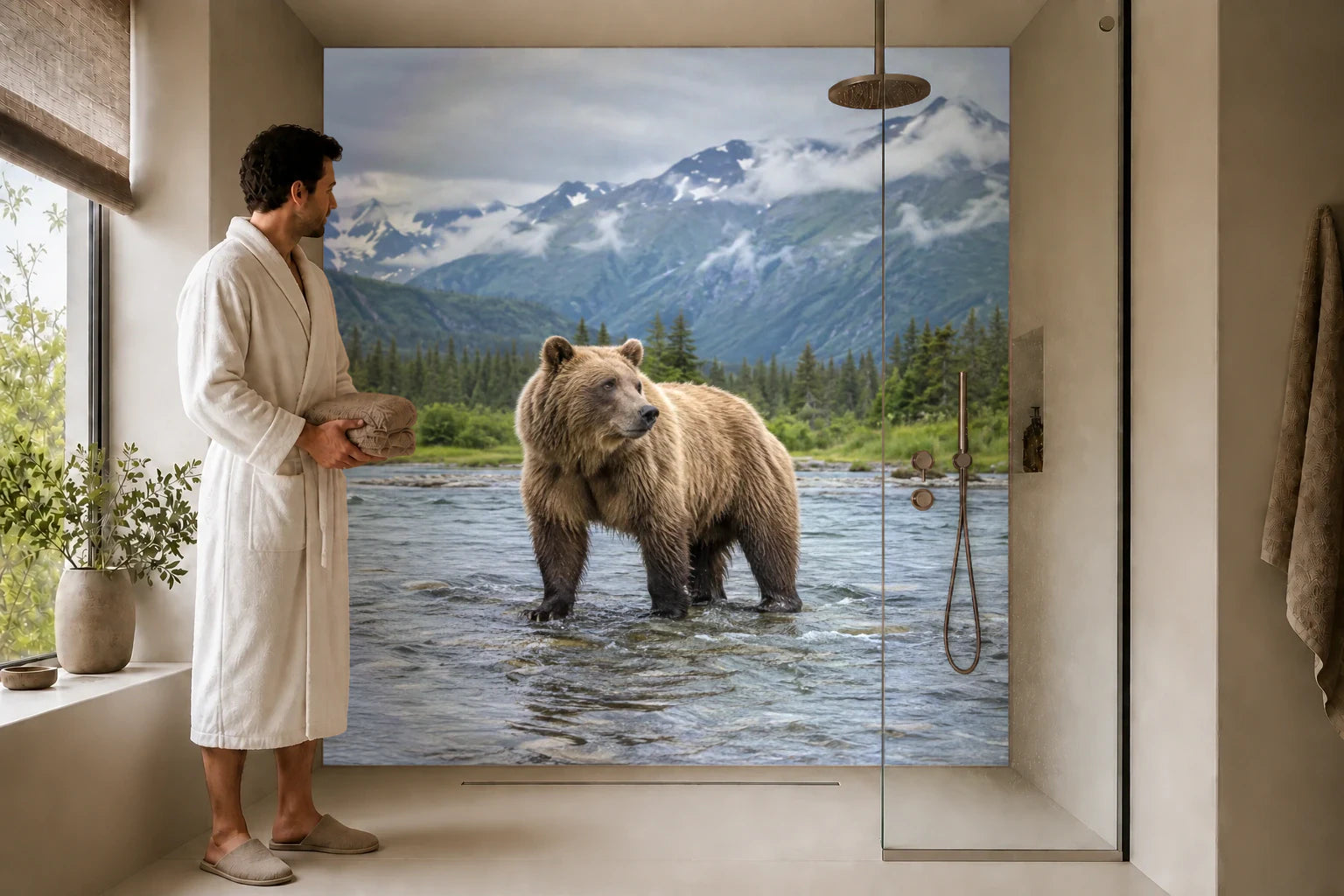Duschrückwand „Braunbär im flachen Alaskafluss“ in einer Dusche mit einem Mann im Bademantel