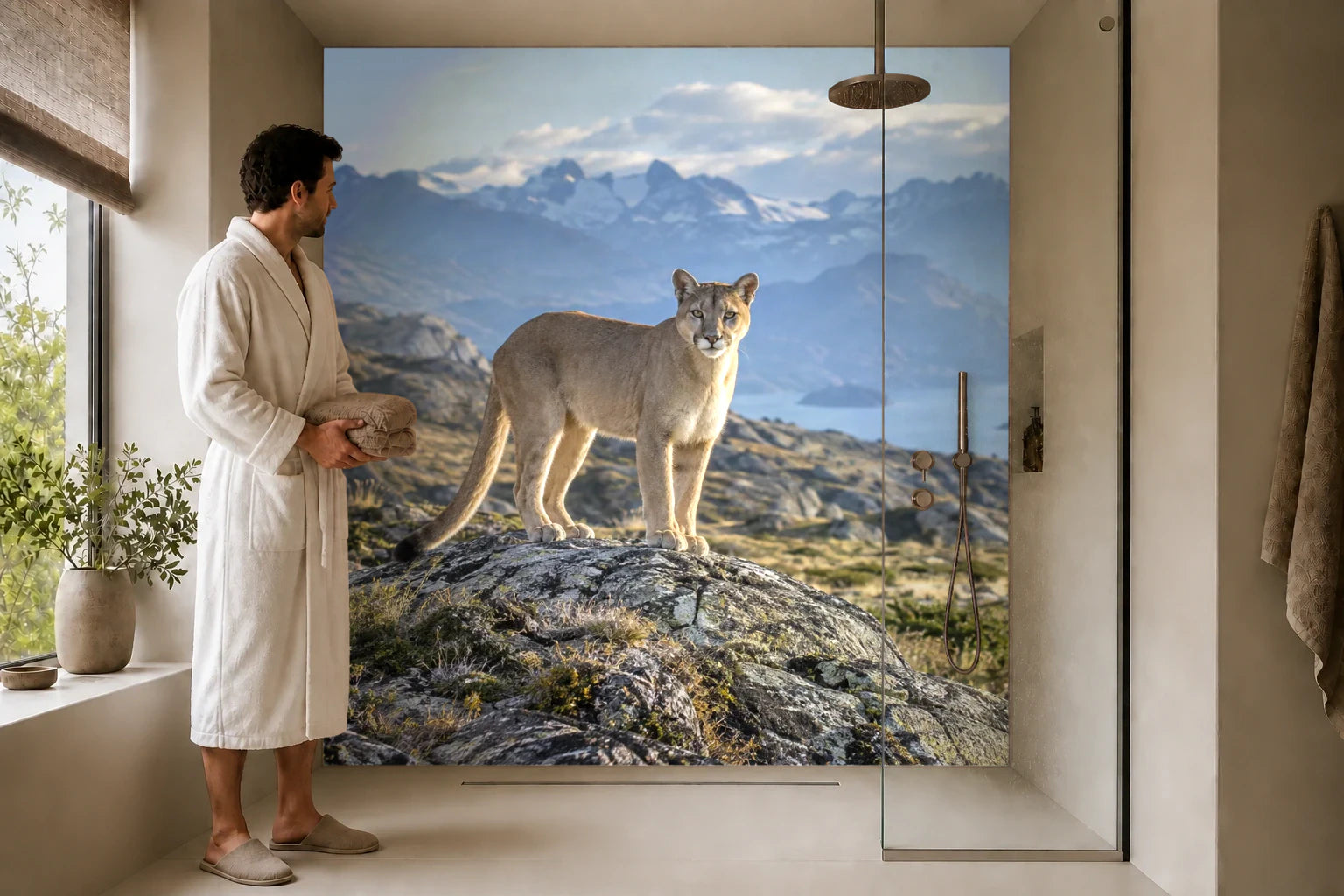 Duschrückwand „Puma auf Patagoniens Felsen“ in einer Dusche mit einem Mann im Bademantel