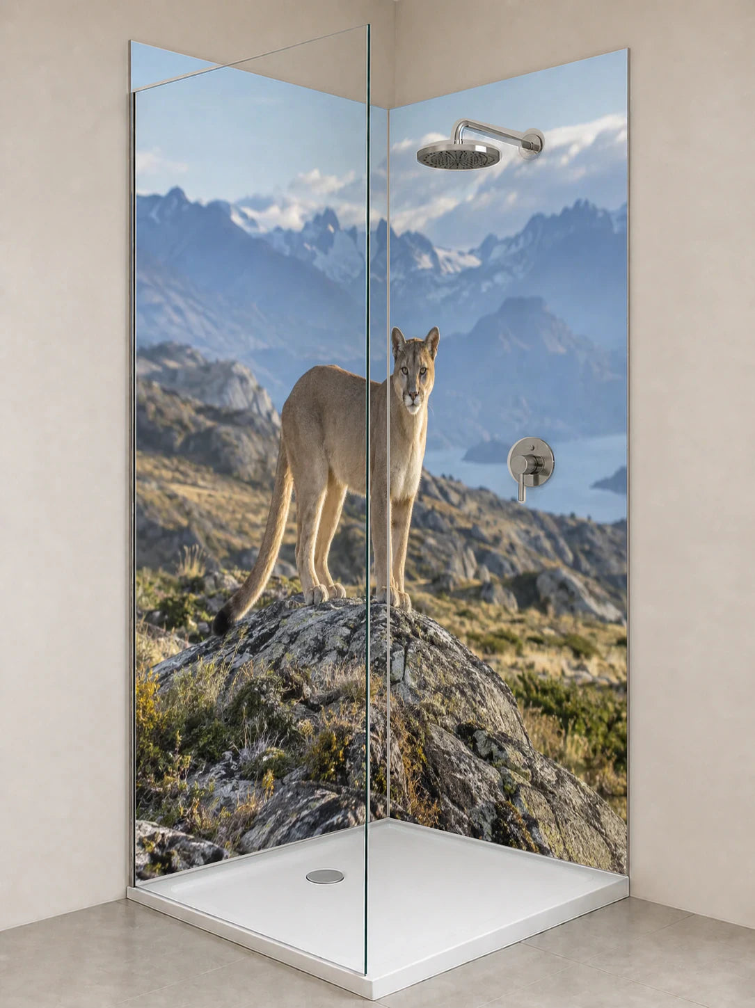Duschrückwand „Puma auf Patagoniens Felsen“ als installierte Rückwand in einer hellen Dusche