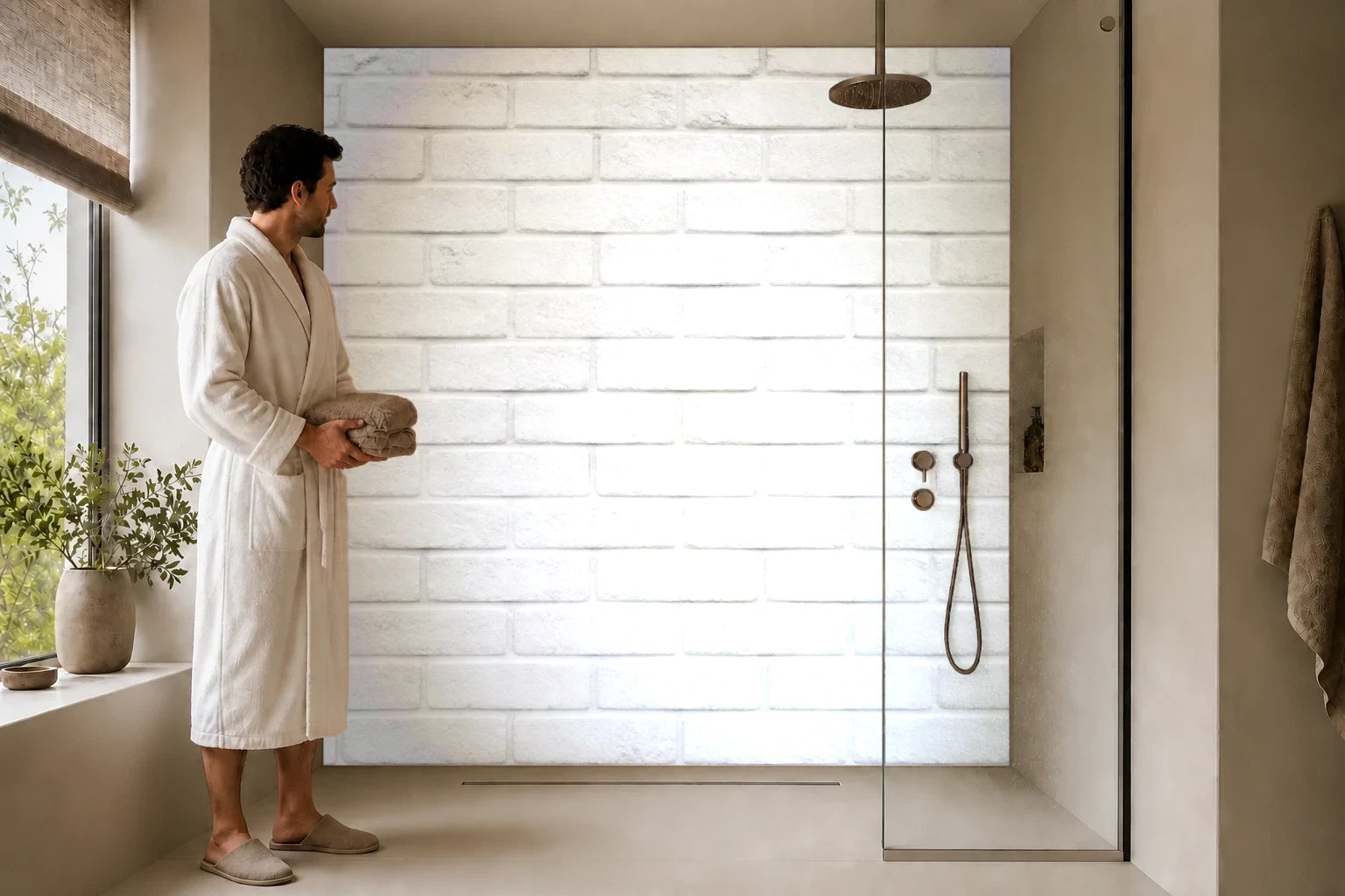 Duschrückwand „Weiße Ziegel in Tagesruhe“ in einer Dusche mit einem Mann im Bademantel