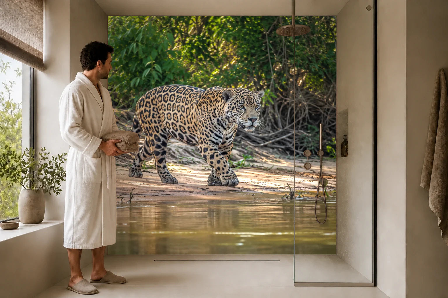 Duschrückwand „Jaguar am Ufer des Pantanal“ in einer Dusche mit einem Mann im Bademantel