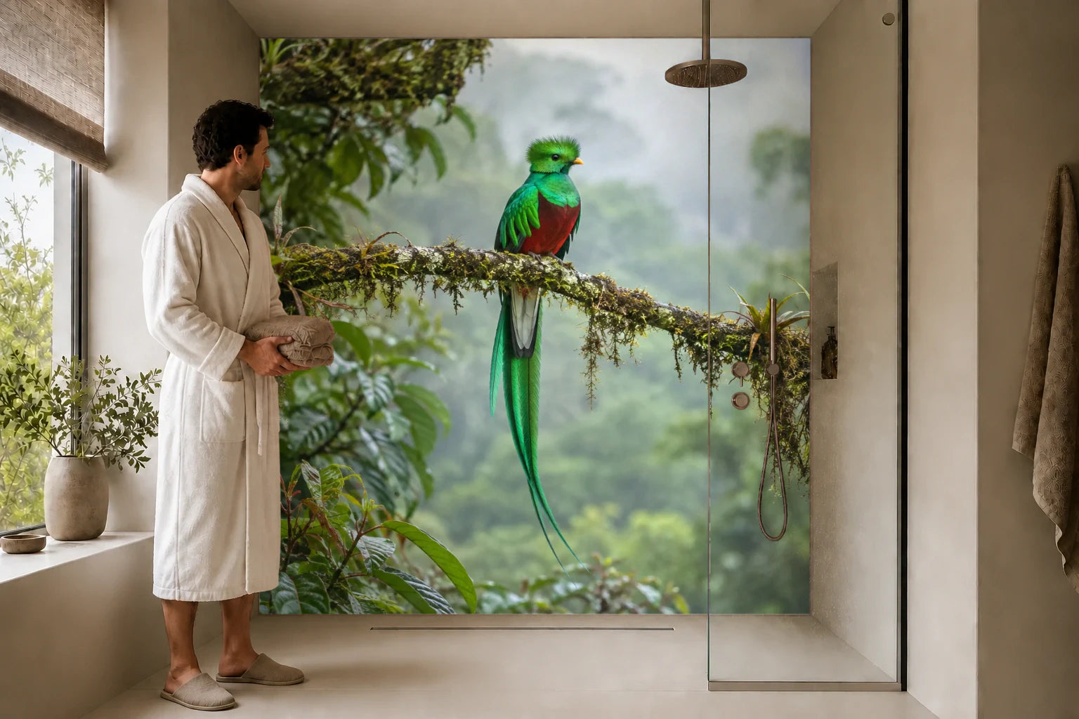 Duschrückwand „Quetzal im Nebelwald von Costa Rica“ in einer Dusche mit einem Mann im Bademantel