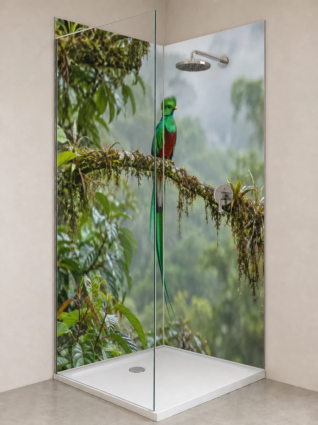 Duschrückwand „Quetzal im Nebelwald von Costa Rica“ als installierte Rückwand in einer hellen Dusche