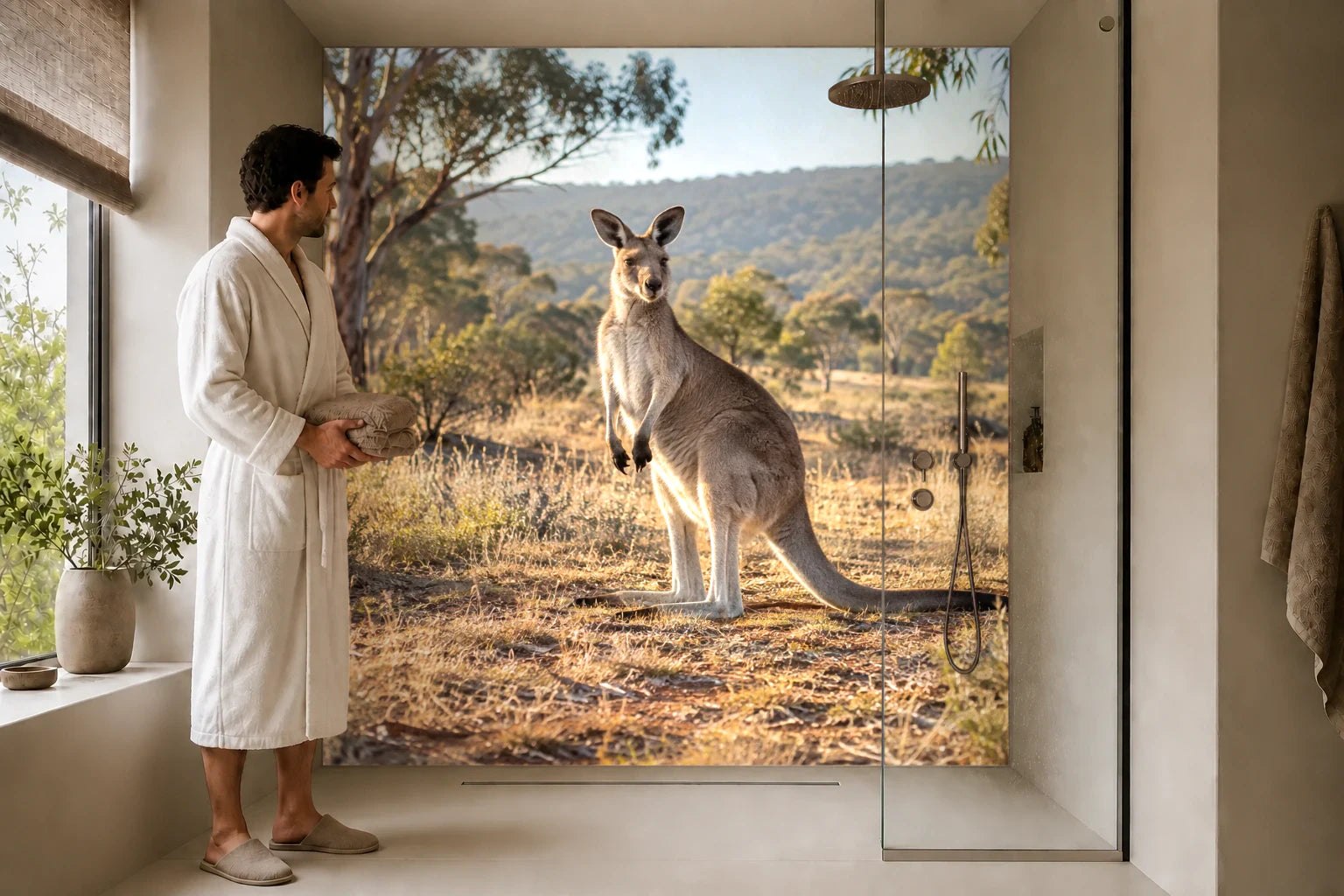 Duschrückwand „Känguru im australischen Morgenlicht“ in einer Dusche mit einem Mann im Bademantel