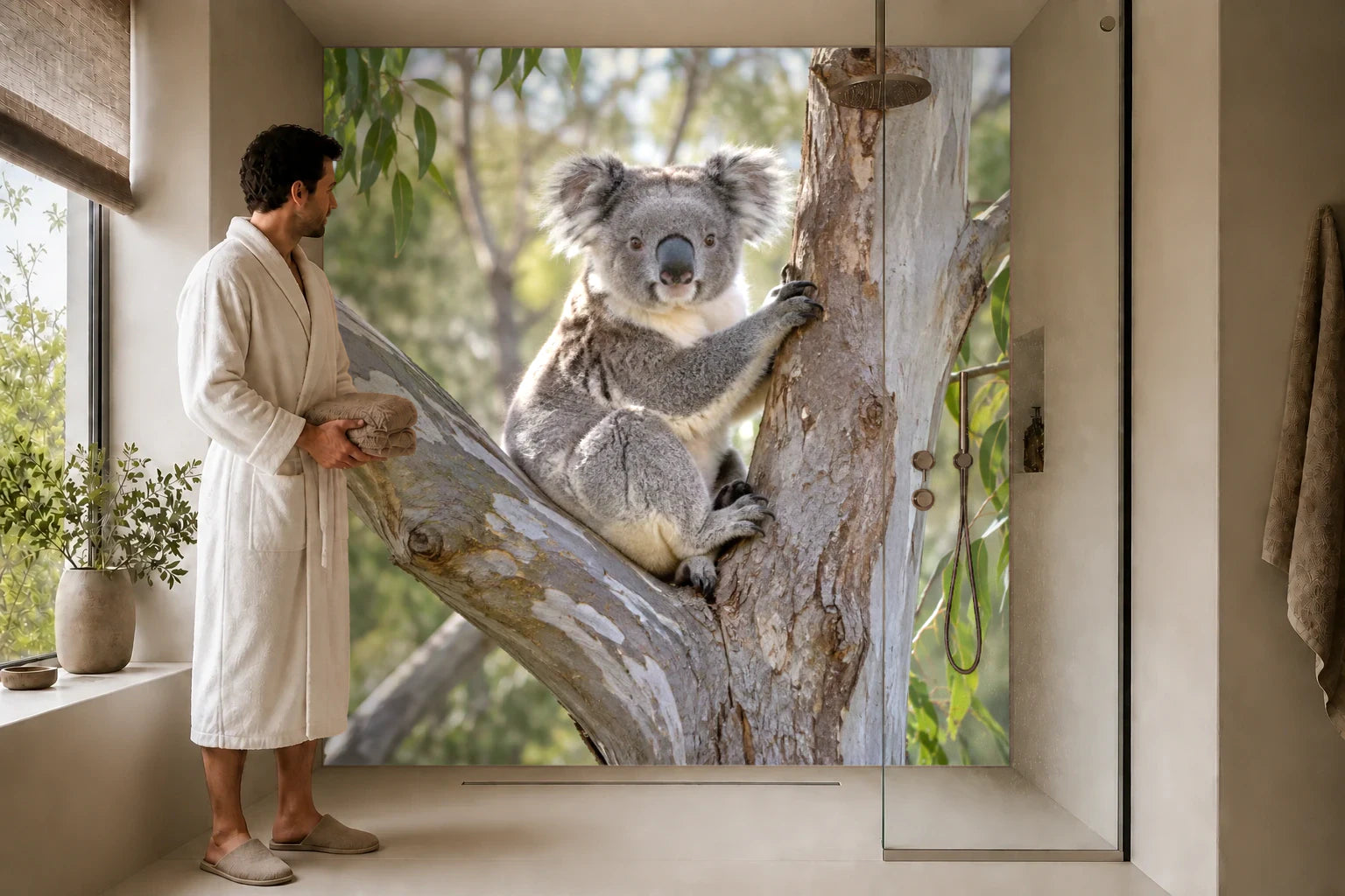 Duschrückwand „Koala in einer Eukalyptusgabel“ in einer Dusche mit einem Mann im Bademantel