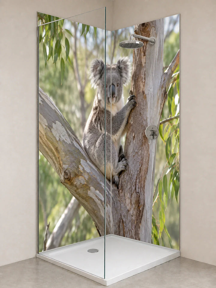 Duschrückwand „Koala in einer Eukalyptusgabel“ als installierte Rückwand in einer hellen Dusche