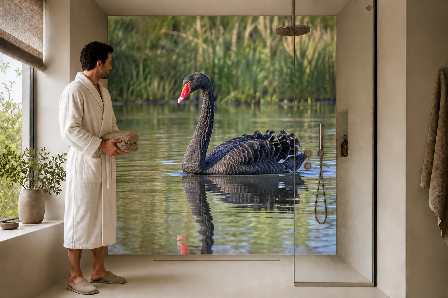 Duschrückwand „Trauerschwan im westaustralischen Licht“ in einer Dusche mit einem Mann im Bademantel