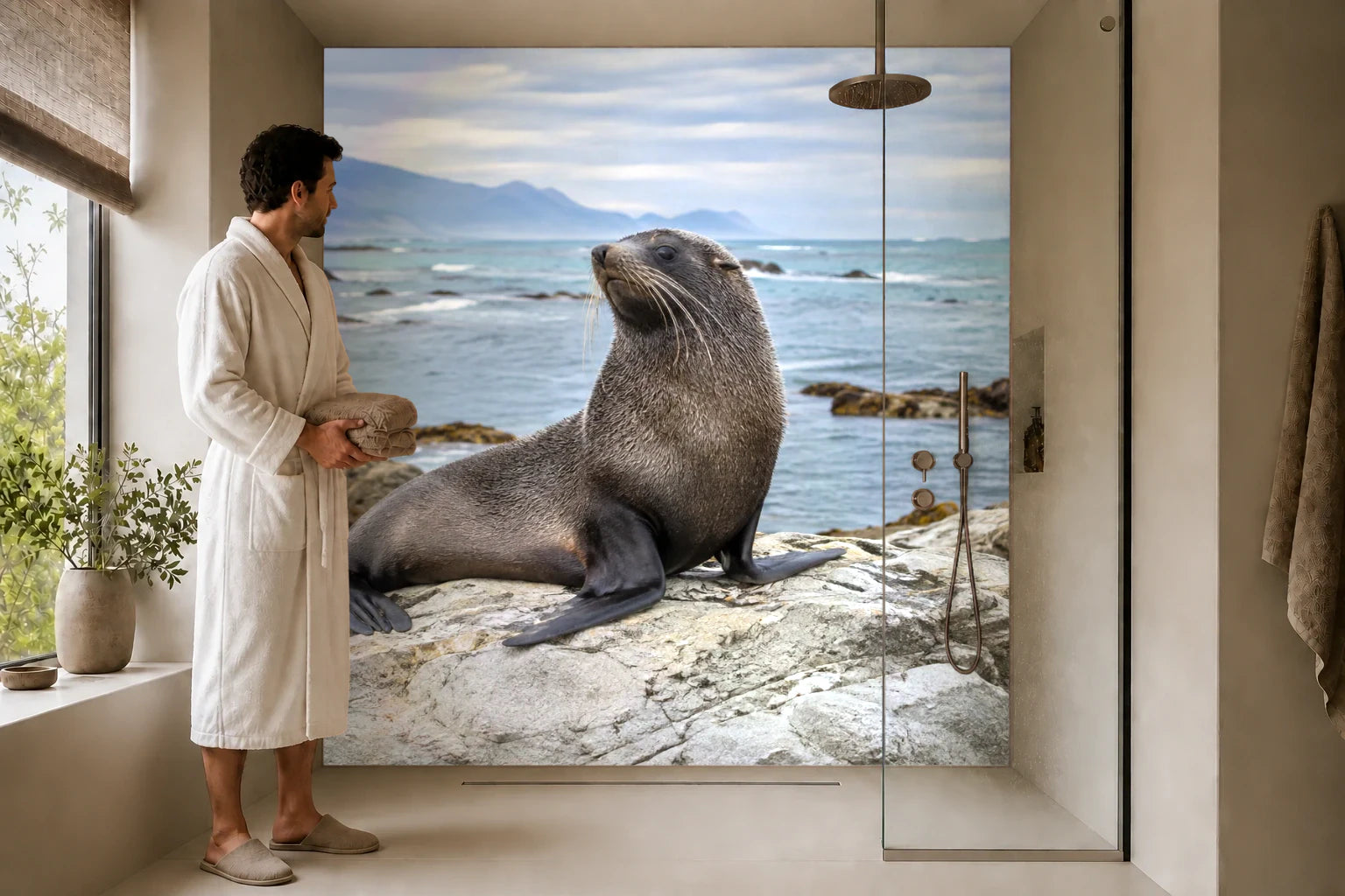 Duschrückwand „Seebär an Kaikouras Felsküste“ in einer Dusche mit einem Mann im Bademantel