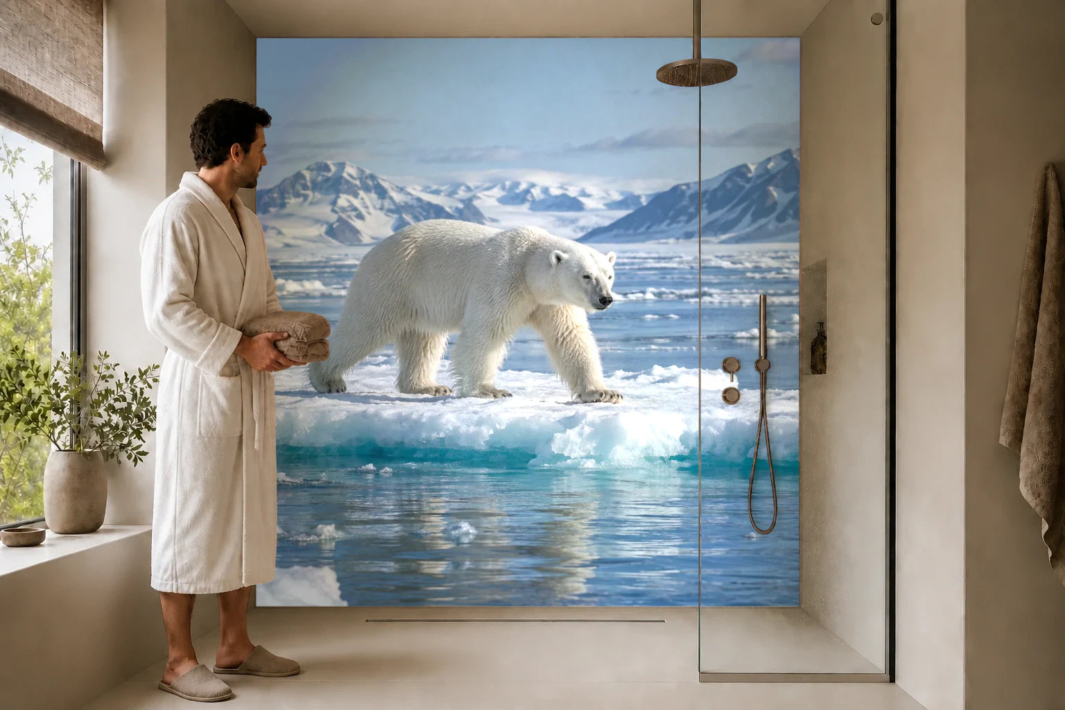 Duschrückwand „Eisbär an der Packeiskante“ in einer Dusche mit einem Mann im Bademantel