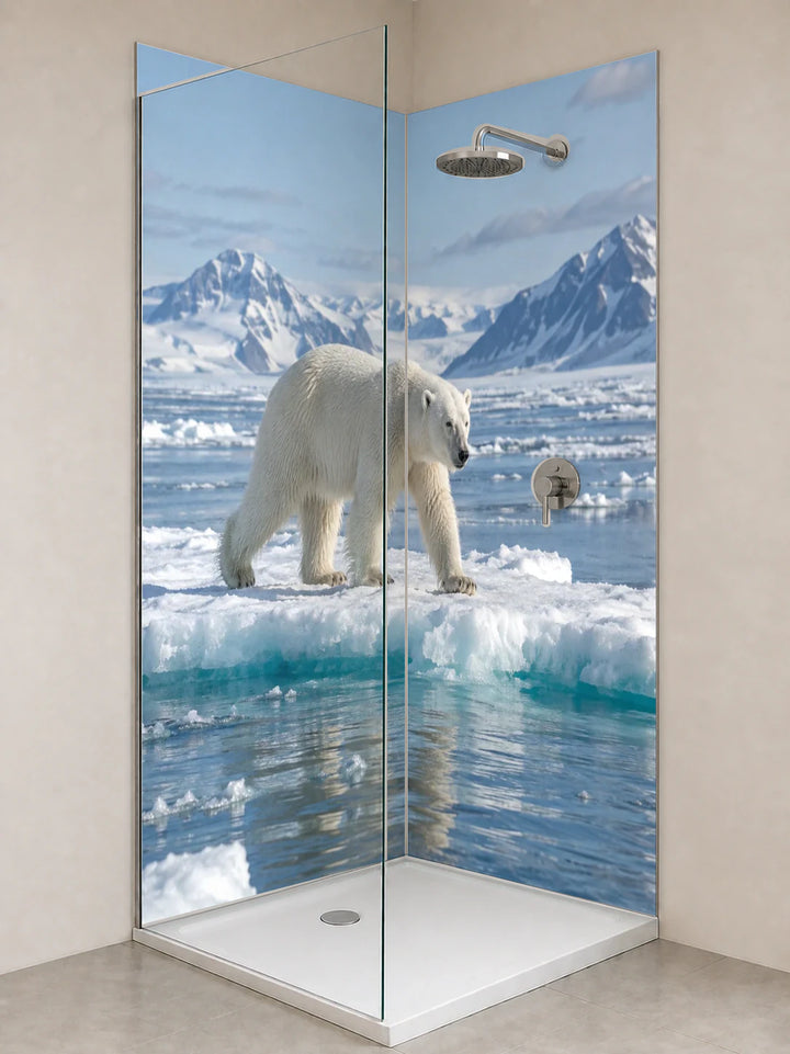 Duschrückwand „Eisbär an der Packeiskante“ als installierte Rückwand in einer hellen Dusche