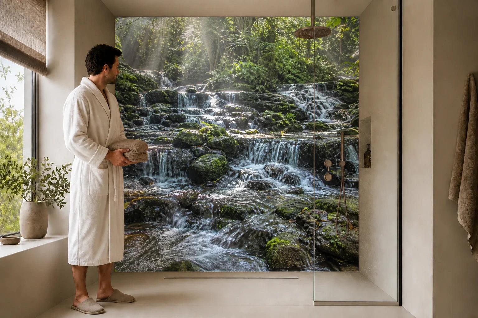 Duschrückwand „Sonnenkaskade im Regenwald“ in einer Dusche mit einem Mann im Bademantel