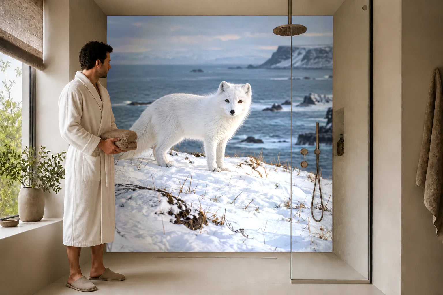 Duschrückwand „Polarfuchs im isländischen Winter“ in einer Dusche mit einem Mann im Bademantel