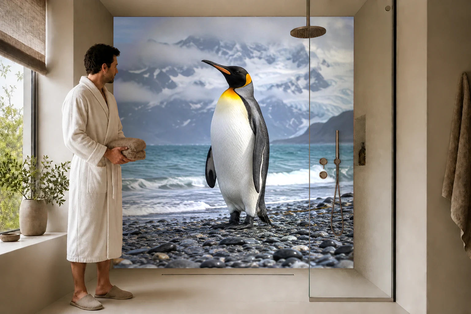 Duschrückwand „Königspinguin an Südgeorgiens Küste“ in einer Dusche mit einem Mann im Bademantel