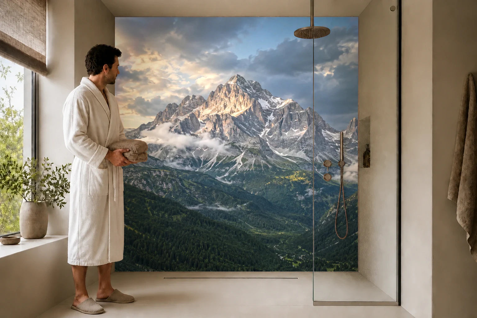 Duschrückwand „Kalkspitzen nach dem Sommerregen“ in einer Dusche mit einem Mann im Bademantel