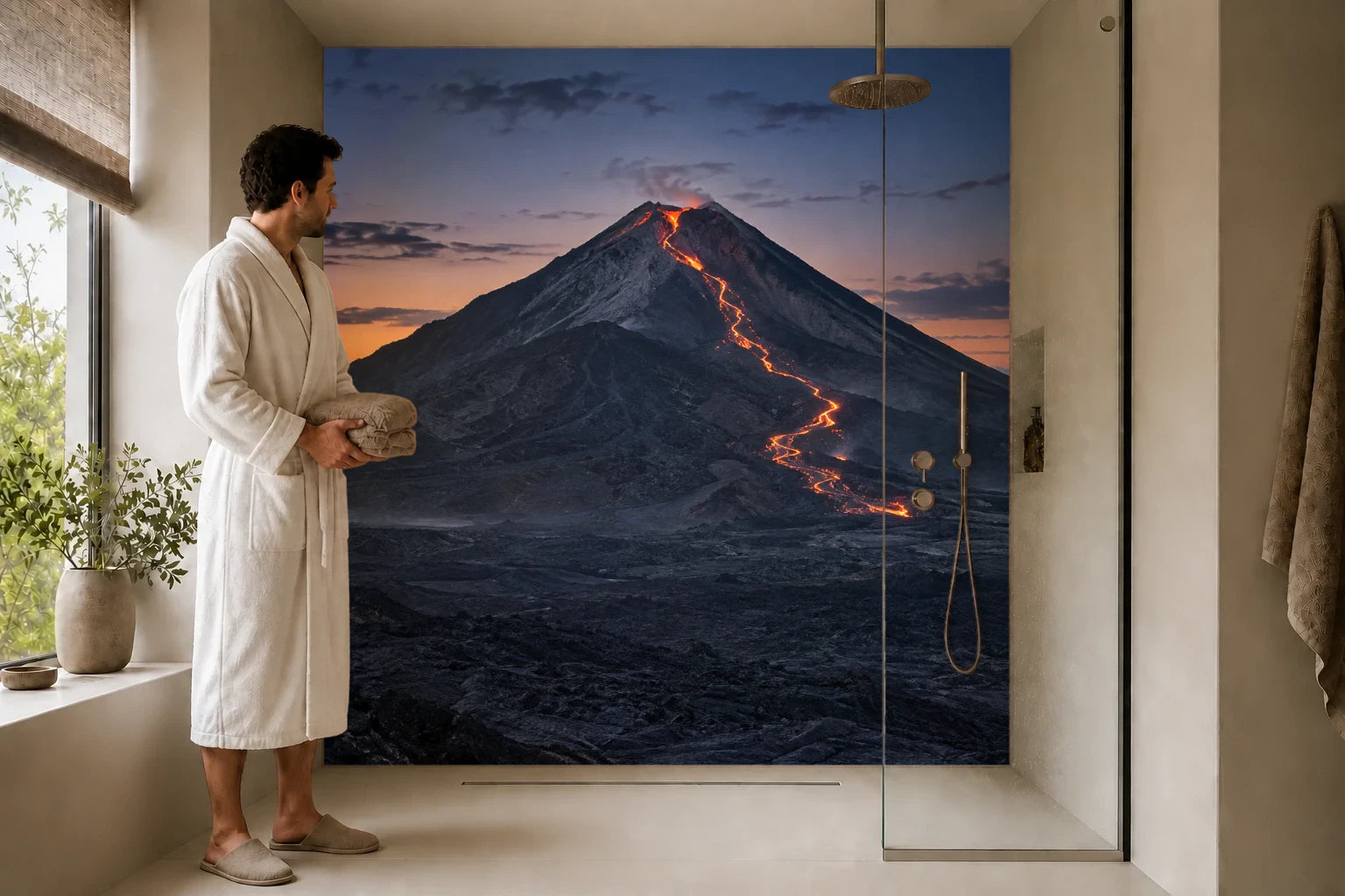 Duschrückwand „Lavastrom am Vulkan in der Dämmerung“ in einer Dusche mit einem Mann im Bademantel