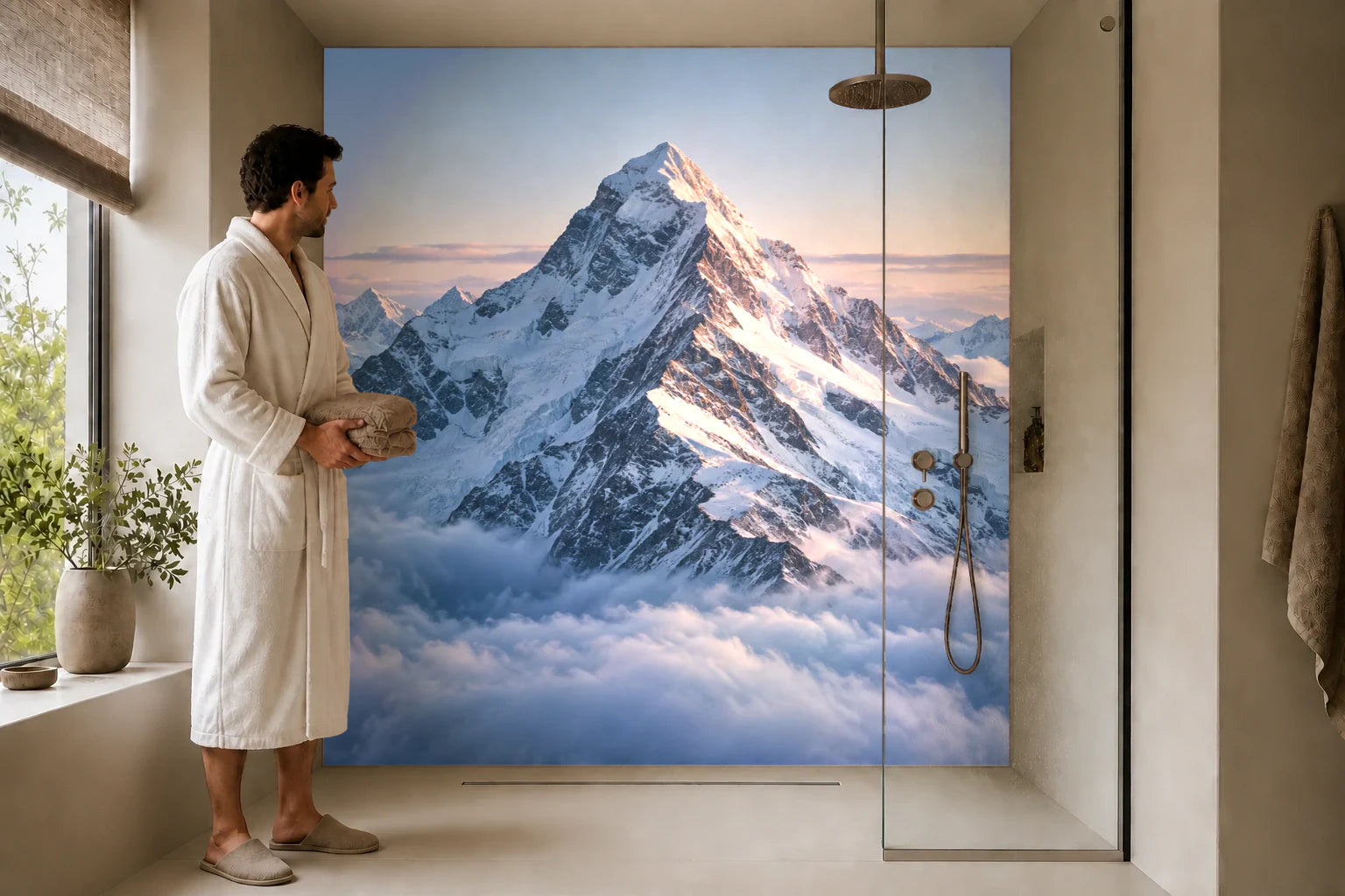 Duschrückwand „Schneegrat über dem Wolkenmeer“ in einer Dusche mit einem Mann im Bademantel