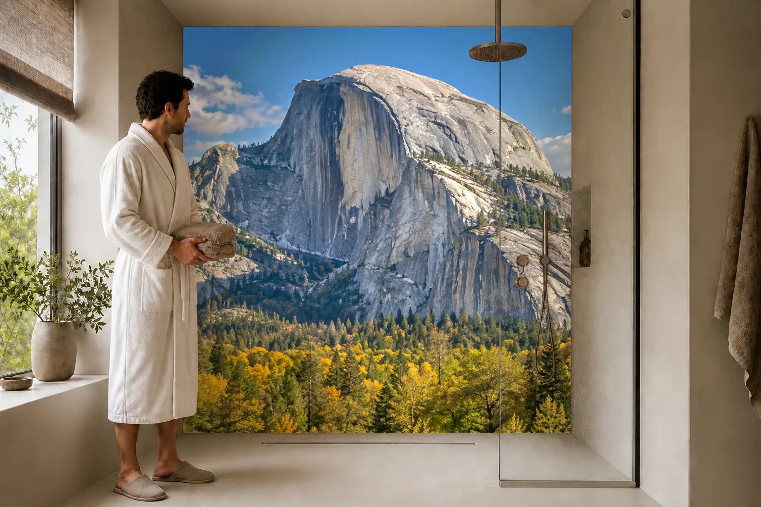 Duschrückwand „Granitkuppel über dem Herbsttal“ in einer Dusche mit einem Mann im Bademantel
