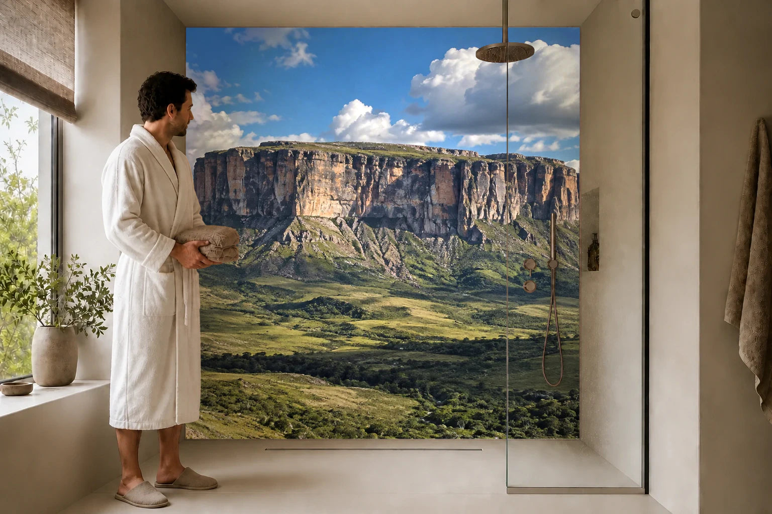 Duschrückwand „Tafelberg unter wandernden Wolken“ in einer Dusche mit einem Mann im Bademantel