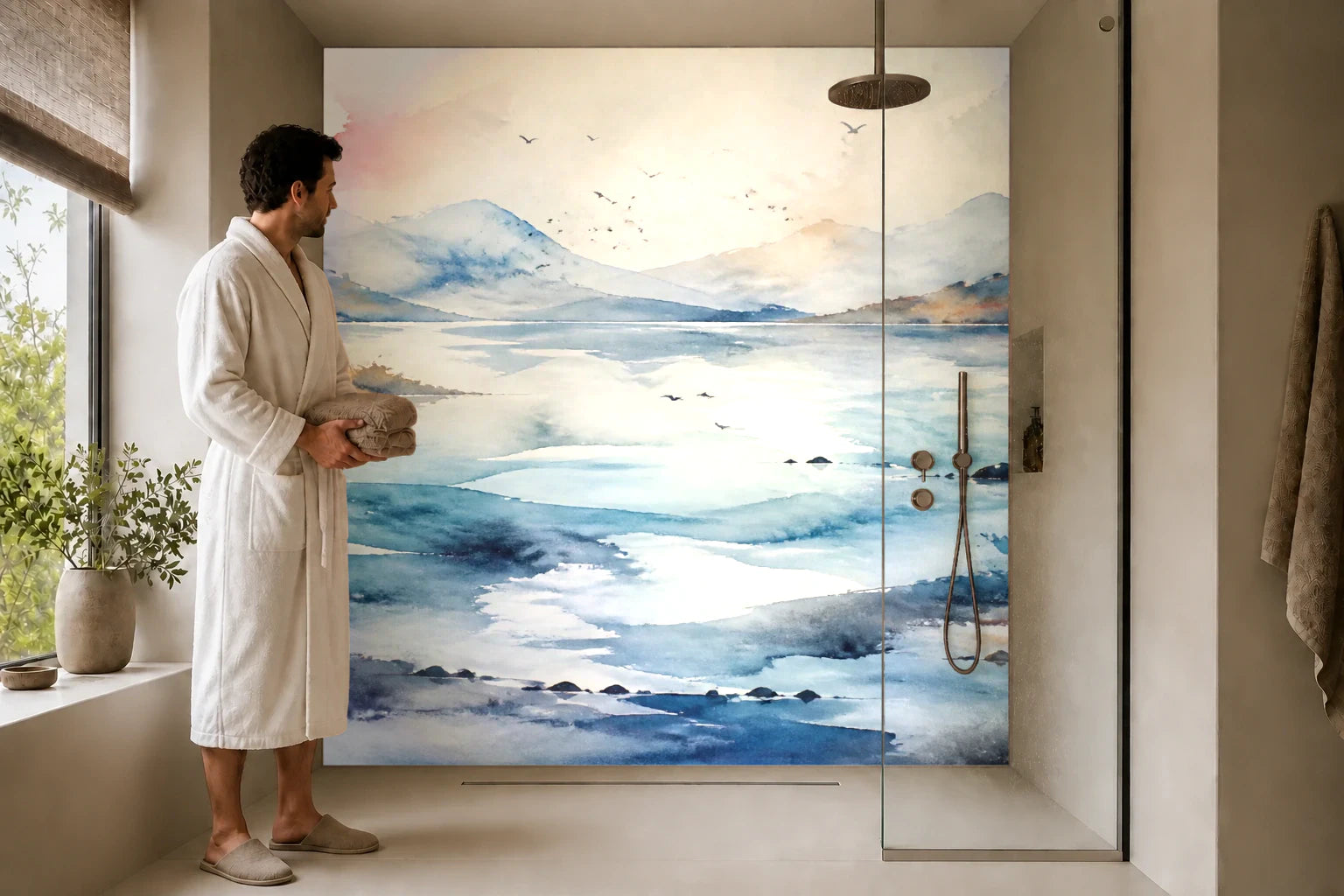 Duschrückwand „Aquarellsee in Fernblau“ in einer Dusche mit einem Mann im Bademantel