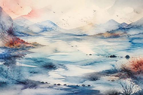 Motivvorschau „Aquarellsee in Fernblau“ für Duschrückwand