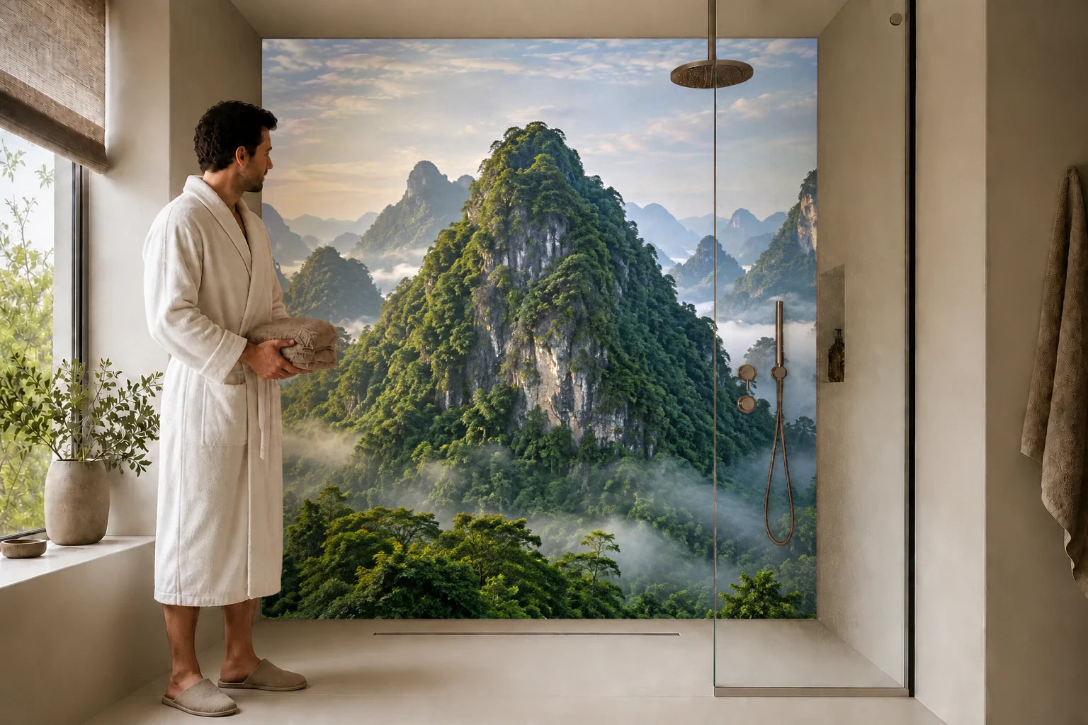 Duschrückwand „Karstberge im tropischen Morgennebel“ in einer Dusche mit einem Mann im Bademantel
