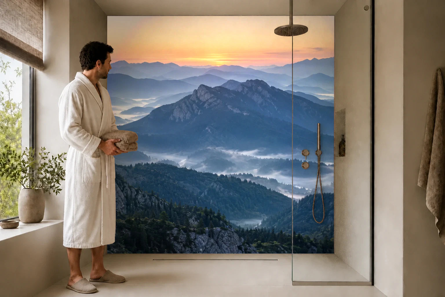 Duschrückwand „Blaue Bergketten vor Sonnenaufgang“ in einer Dusche mit einem Mann im Bademantel