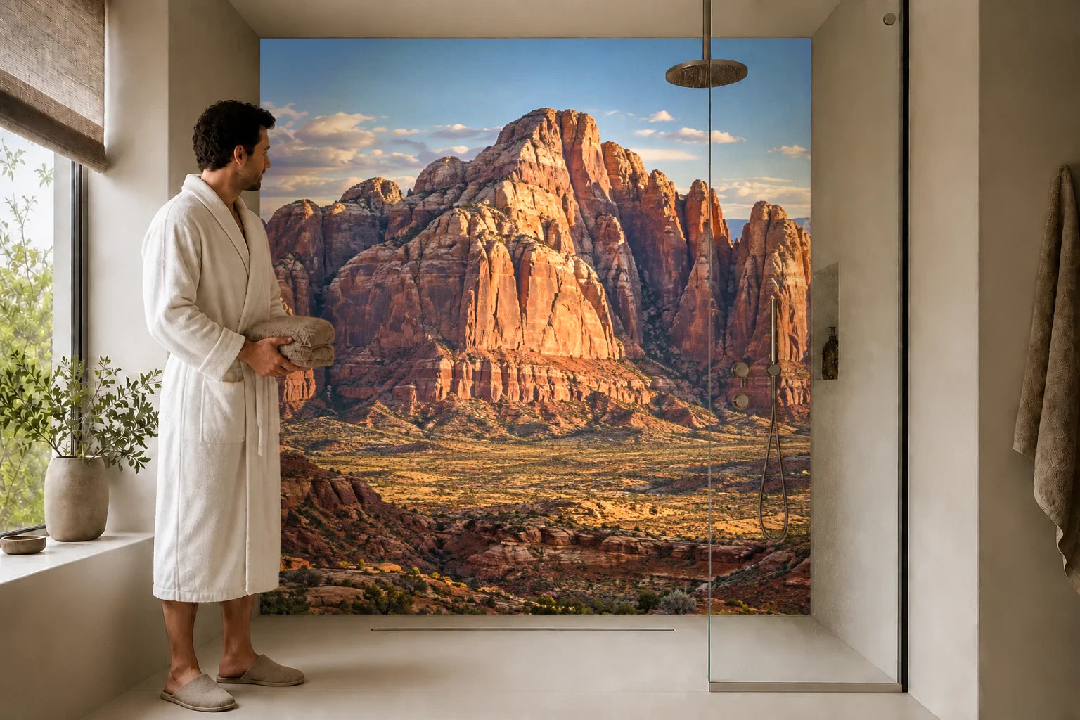 Duschrückwand „Roter Sandsteinberg im Abendlicht“ in einer Dusche mit einem Mann im Bademantel