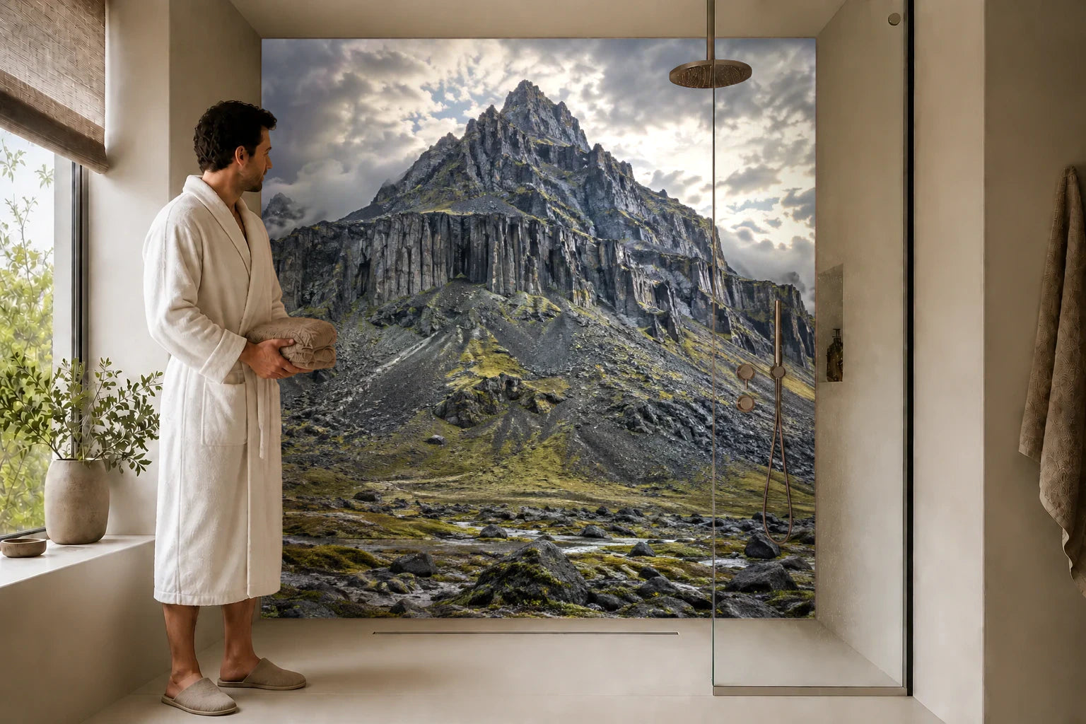 Duschrückwand „Basaltgipfel unter silbernen Wolken“ in einer Dusche mit einem Mann im Bademantel