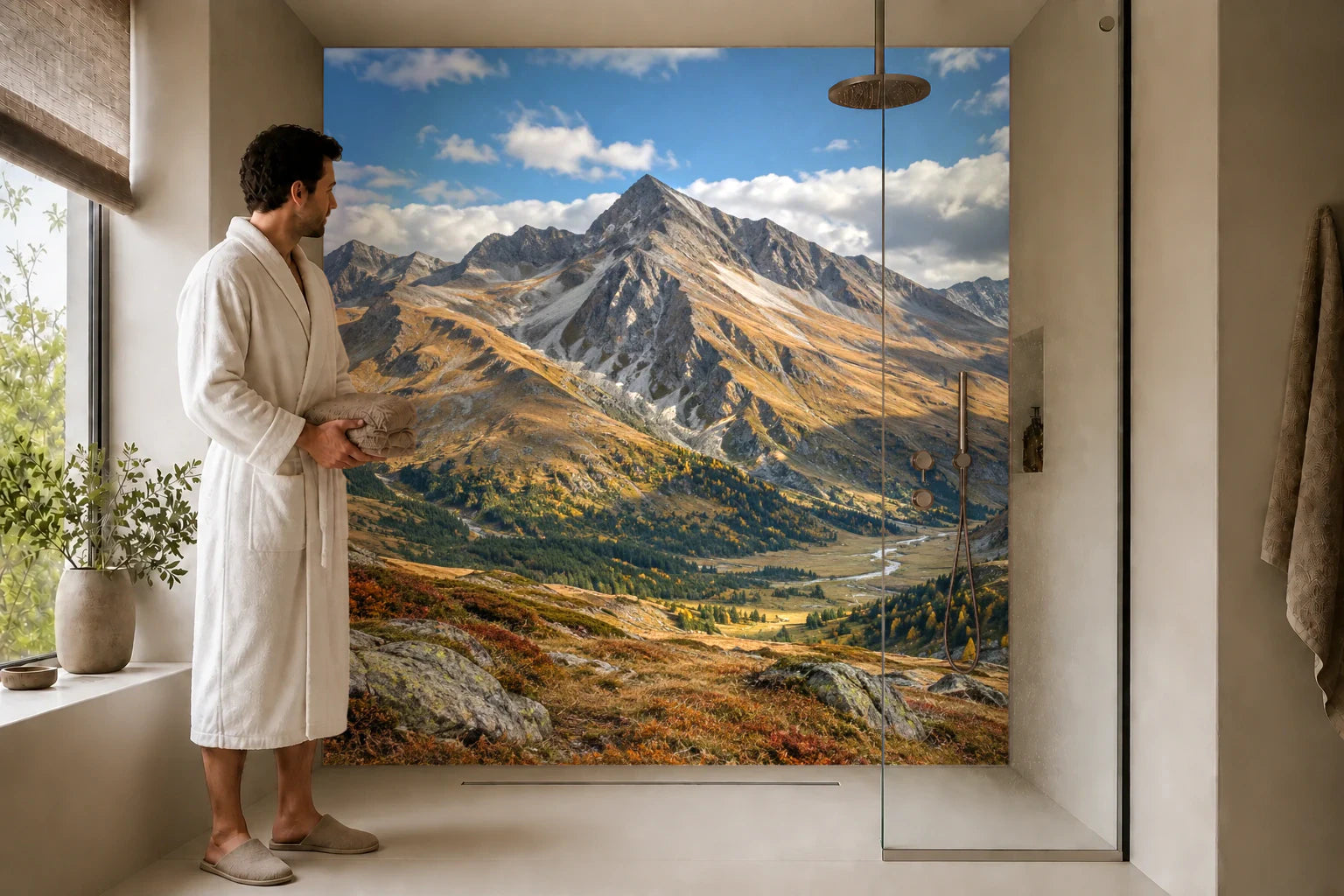 Duschrückwand „Schieferberge im Herbstwind“ in einer Dusche mit einem Mann im Bademantel