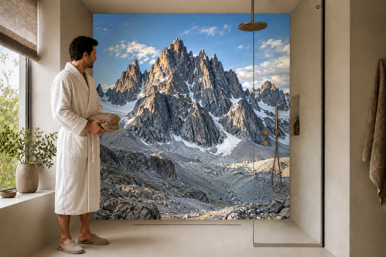 Duschrückwand „Zackiges Massiv über hellem Geröll“ in einer Dusche mit einem Mann im Bademantel