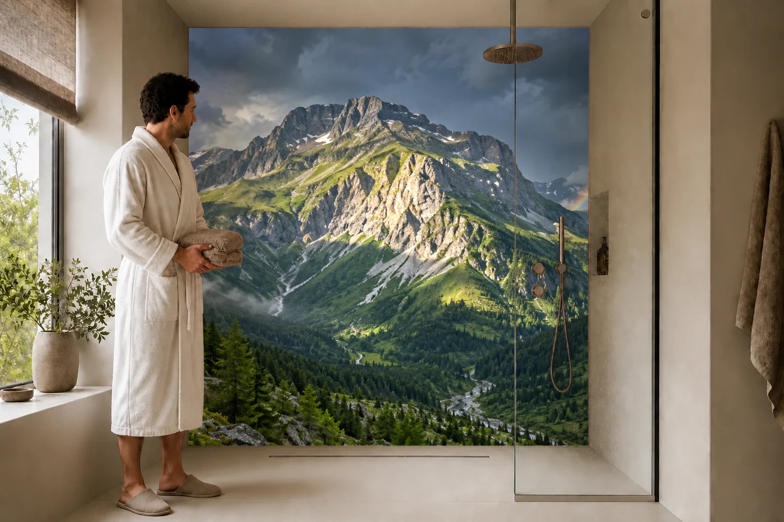 Duschrückwand „Regenbogen am hohen Berghang“ in einer Dusche mit einem Mann im Bademantel
