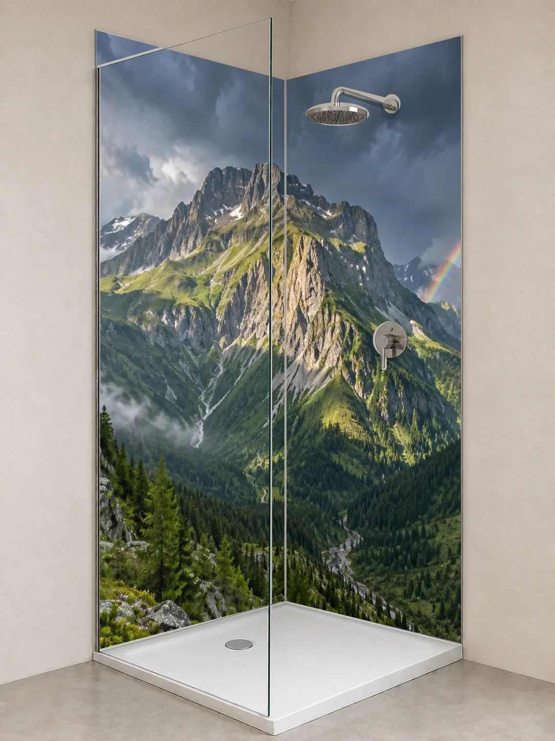 Duschrückwand „Regenbogen am hohen Berghang“ als installierte Rückwand in einer hellen Dusche