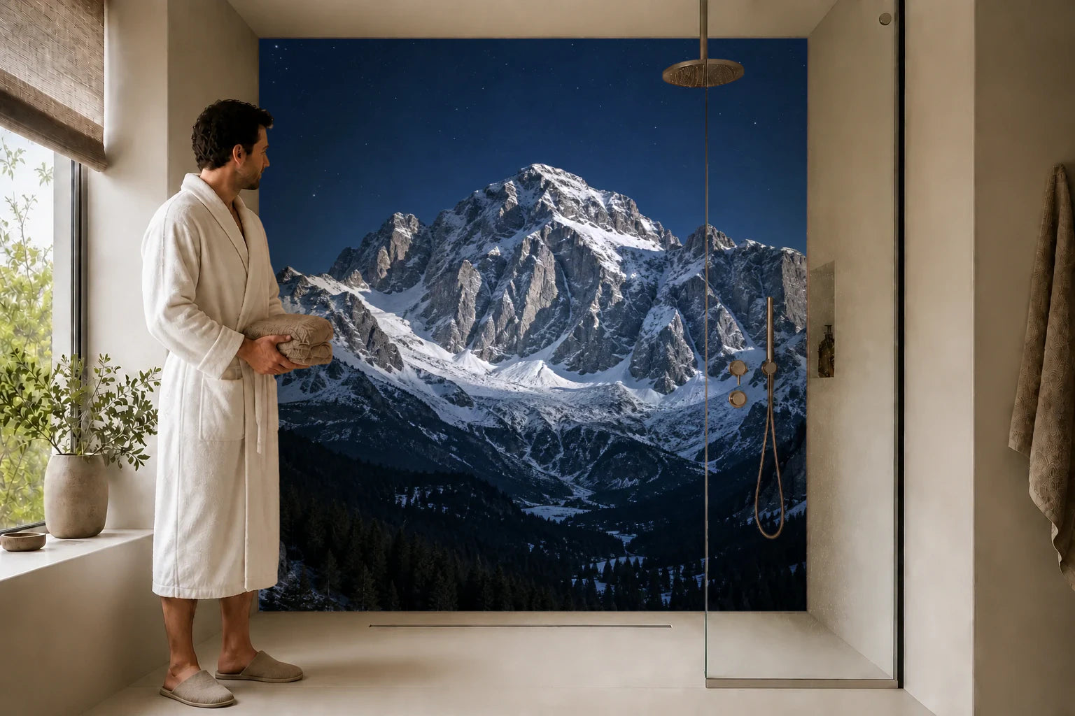 Duschrückwand „Bergmassiv unter klarem Nachthimmel“ in einer Dusche mit einem Mann im Bademantel