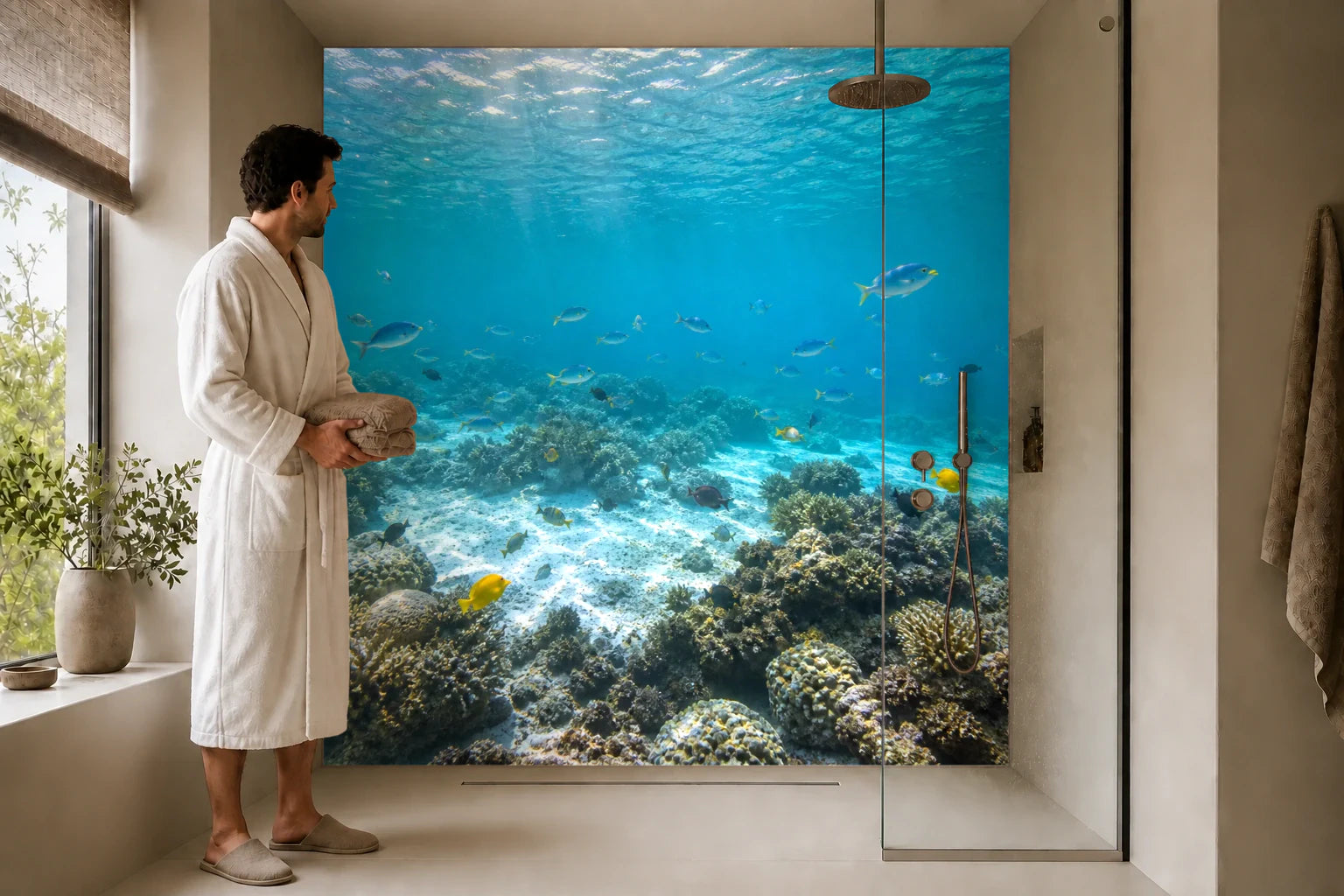 Duschrückwand „Fischschwarm im Türkislicht“ in einer Dusche mit einem Mann im Bademantel