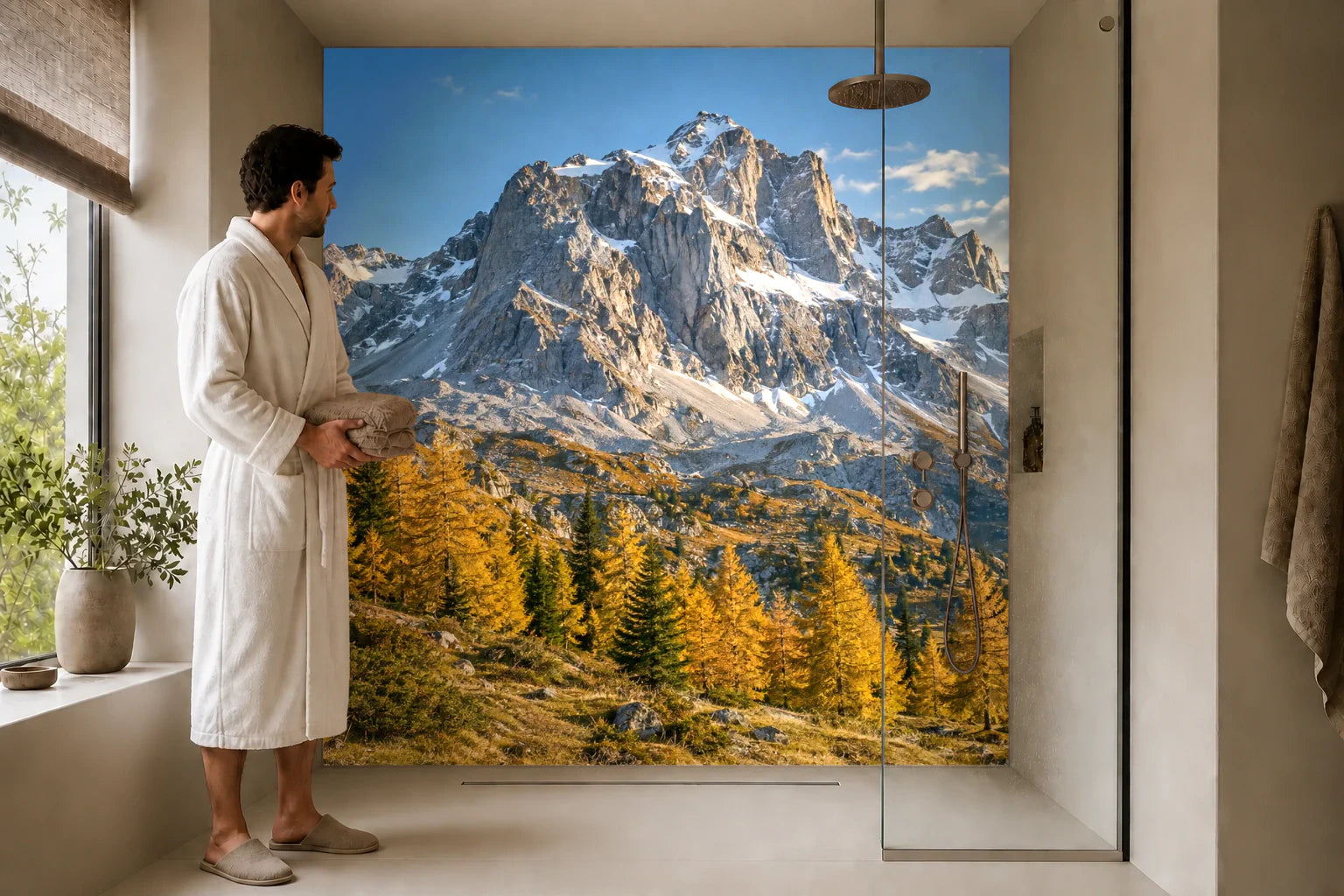 Duschrückwand „Gipfel über goldenen Lärchen“ in einer Dusche mit einem Mann im Bademantel