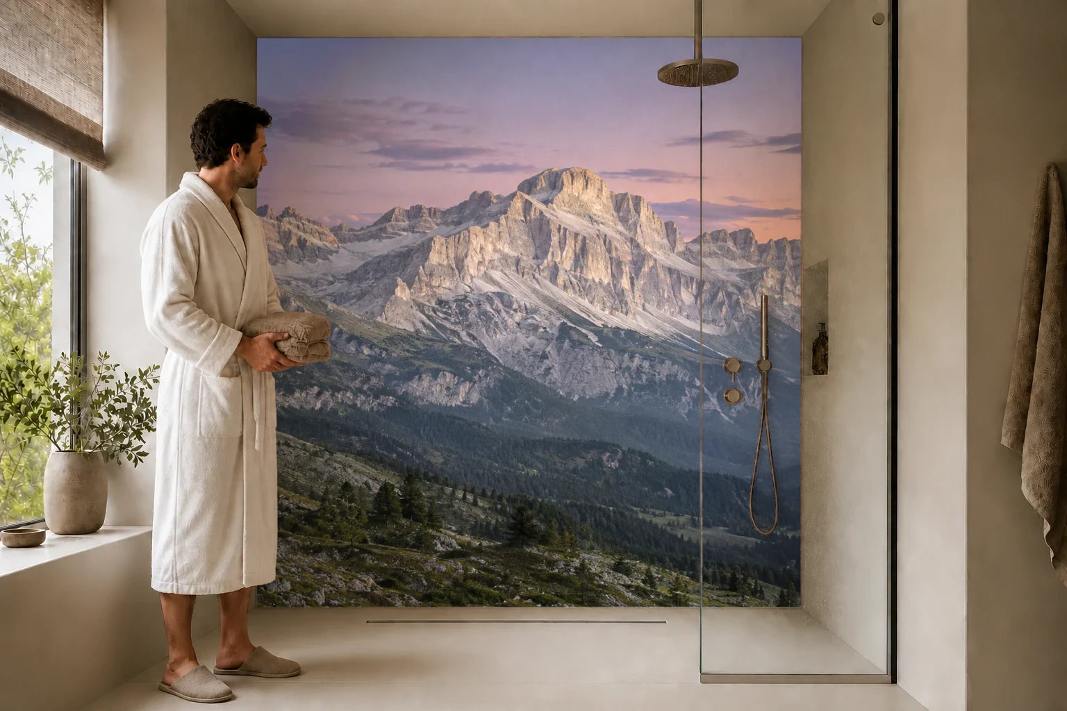 Duschrückwand „Kreidehelle Bergkette in der Dämmerung“ in einer Dusche mit einem Mann im Bademantel
