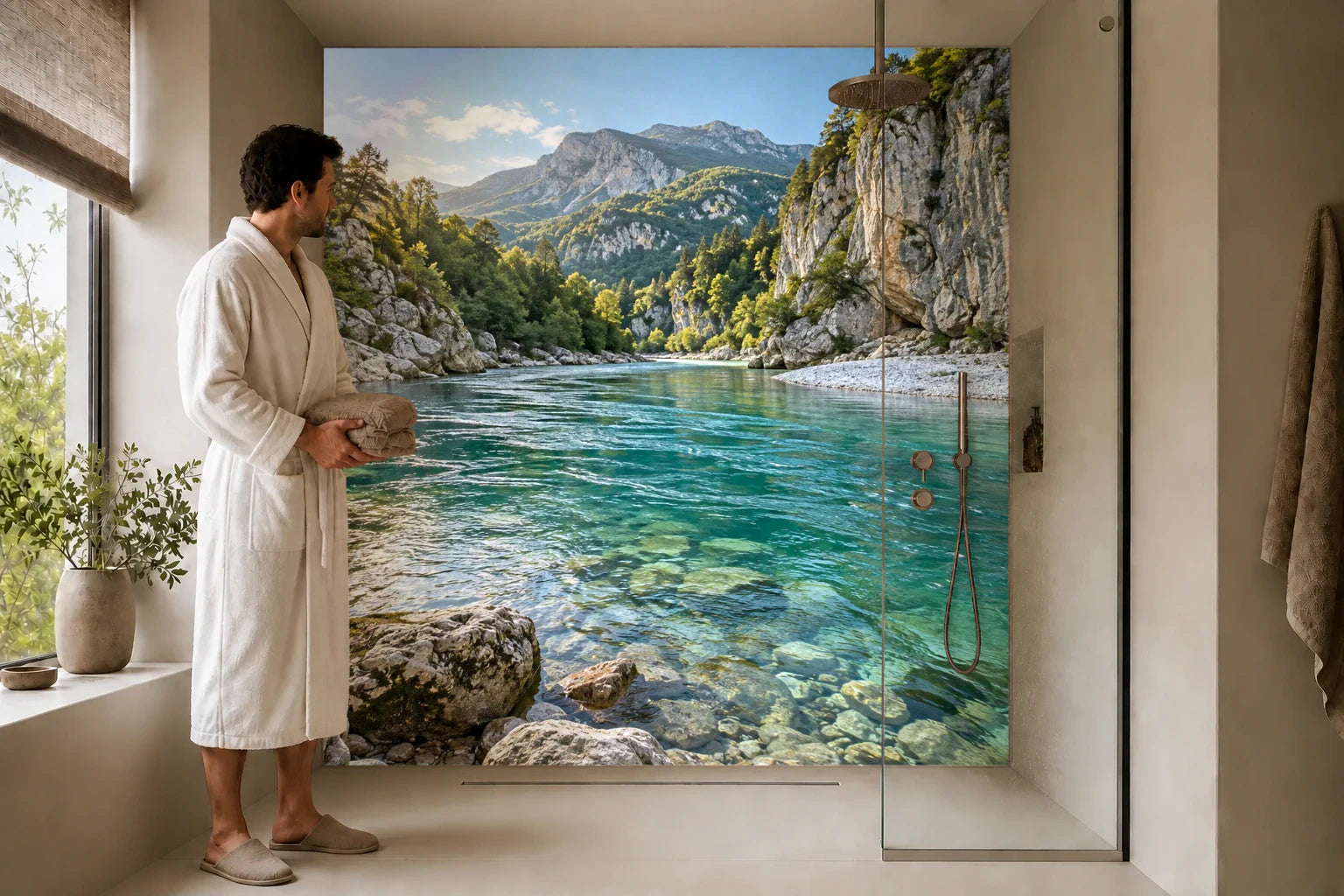 Duschrückwand „Smaragdfluss zwischen Kalkwänden“ in einer Dusche mit einem Mann im Bademantel