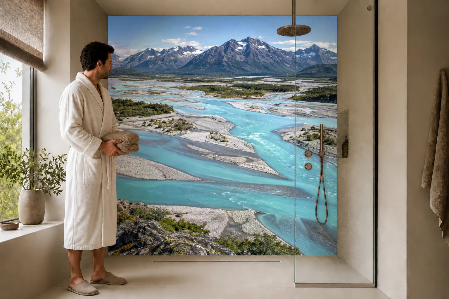 Duschrückwand „Gletscherfluss mit hellen Kiesinseln“ in einer Dusche mit einem Mann im Bademantel
