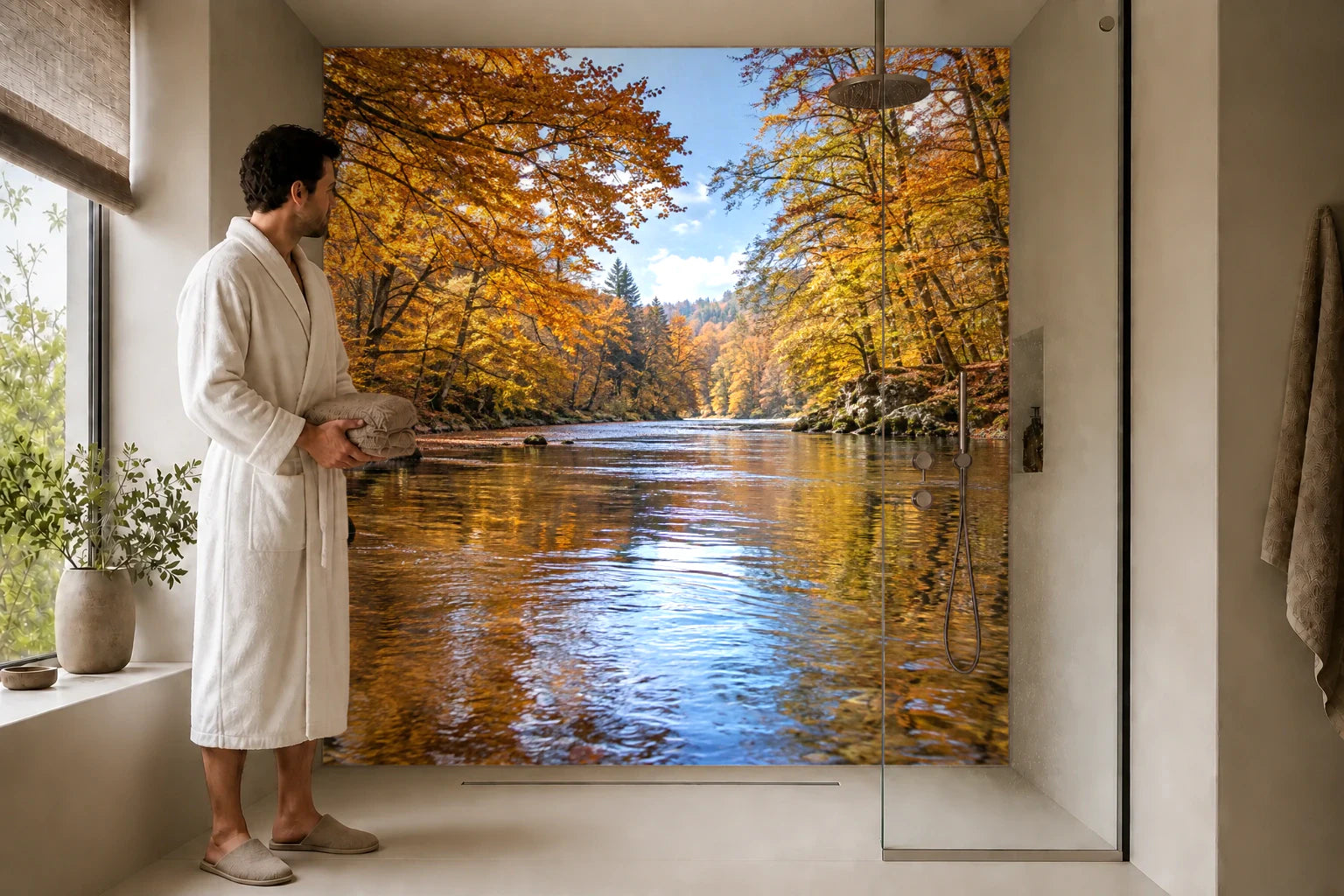 Duschrückwand „Herbstfluss unter goldenen Buchen“ in einer Dusche mit einem Mann im Bademantel