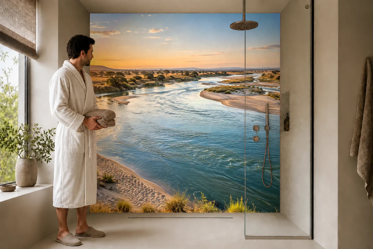 Duschrückwand „Sandiger Fluss im trockenen Grasland“ in einer Dusche mit einem Mann im Bademantel