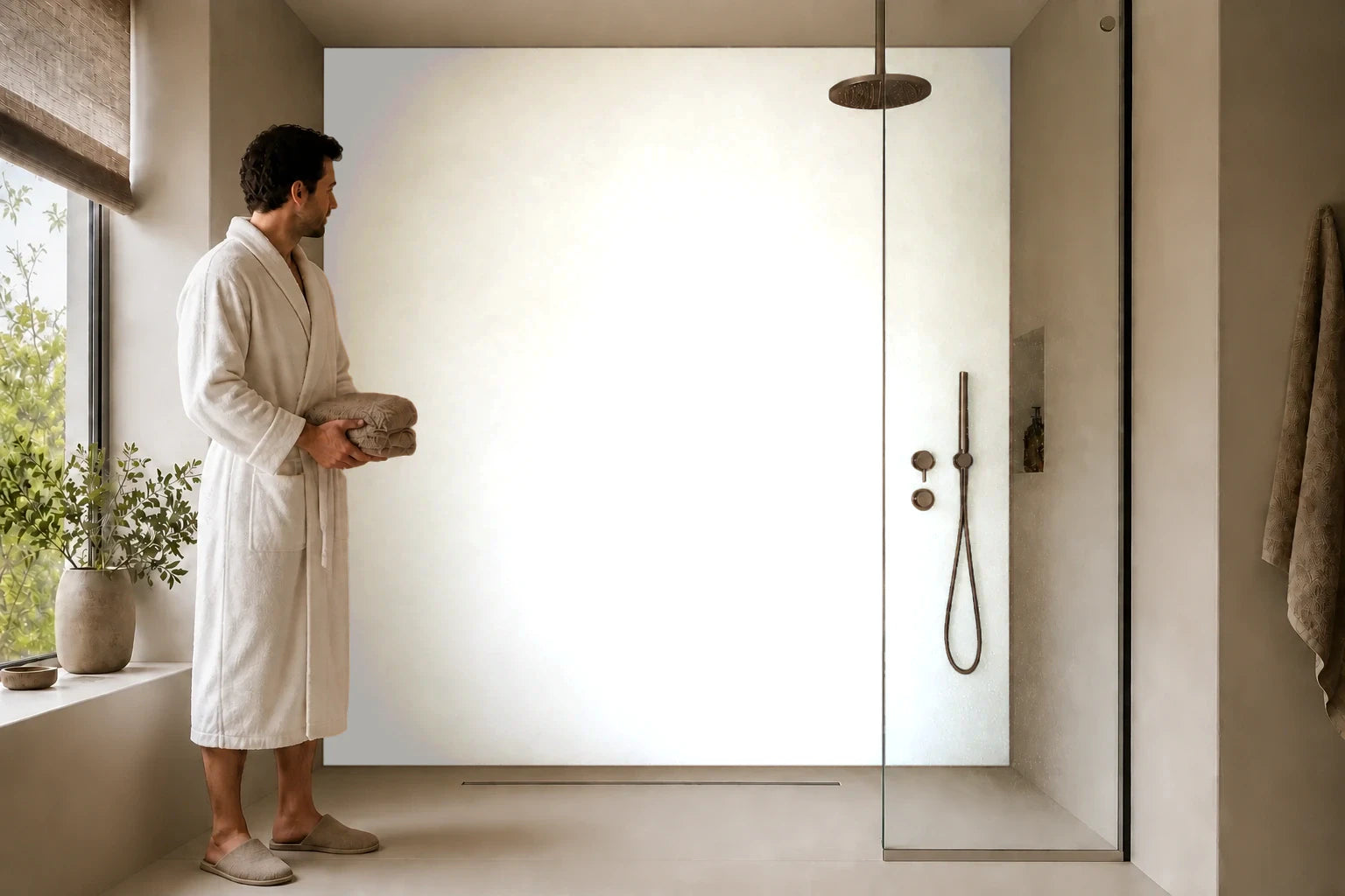 Duschrückwand „RAL 9016 Weiß“ in einer Dusche mit einem Mann im Bademantel