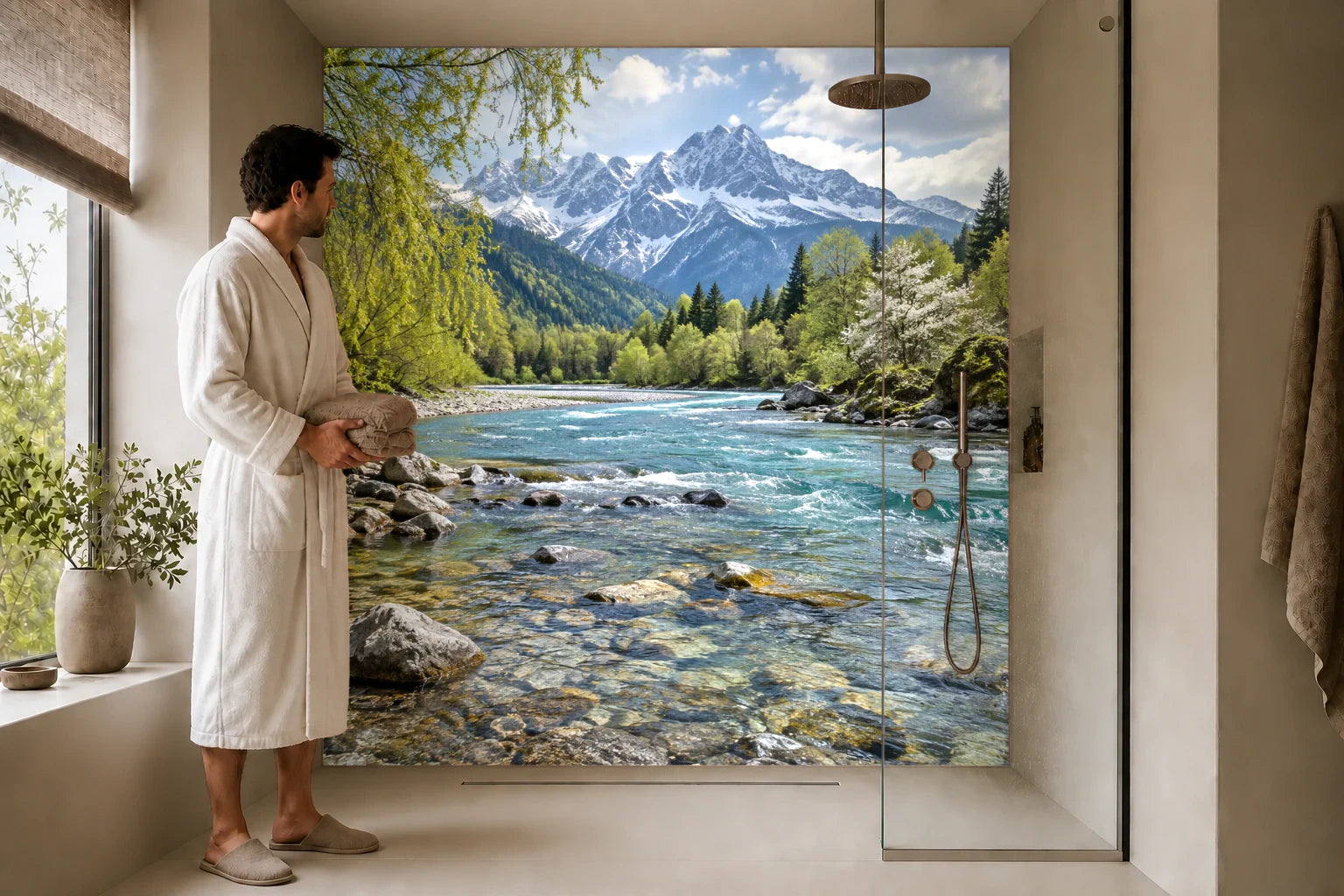 Duschrückwand „Fluss im blühenden Frühlingstal“ in einer Dusche mit einem Mann im Bademantel