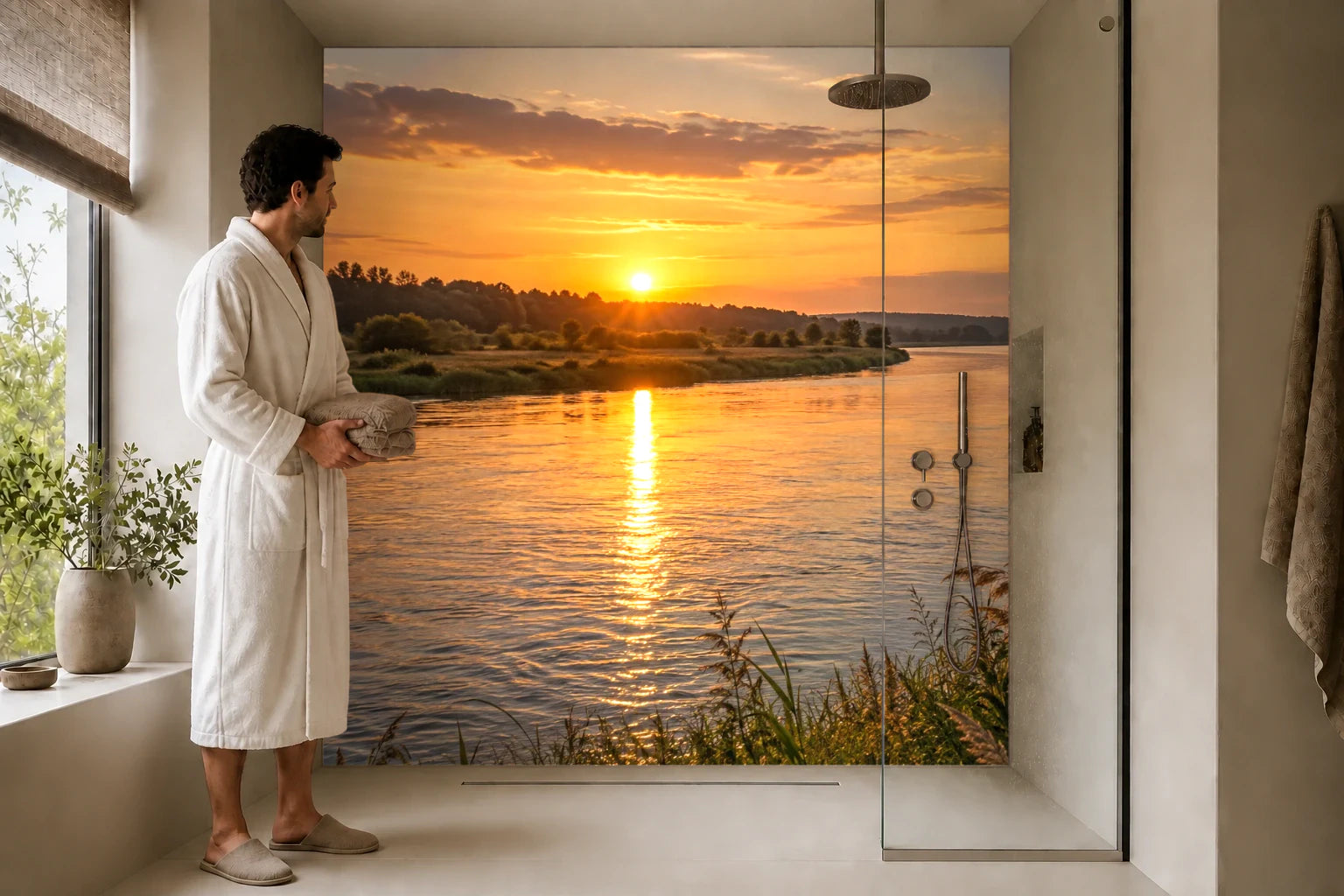 Duschrückwand „Goldenes Abendlicht auf dem Fluss“ in einer Dusche mit einem Mann im Bademantel