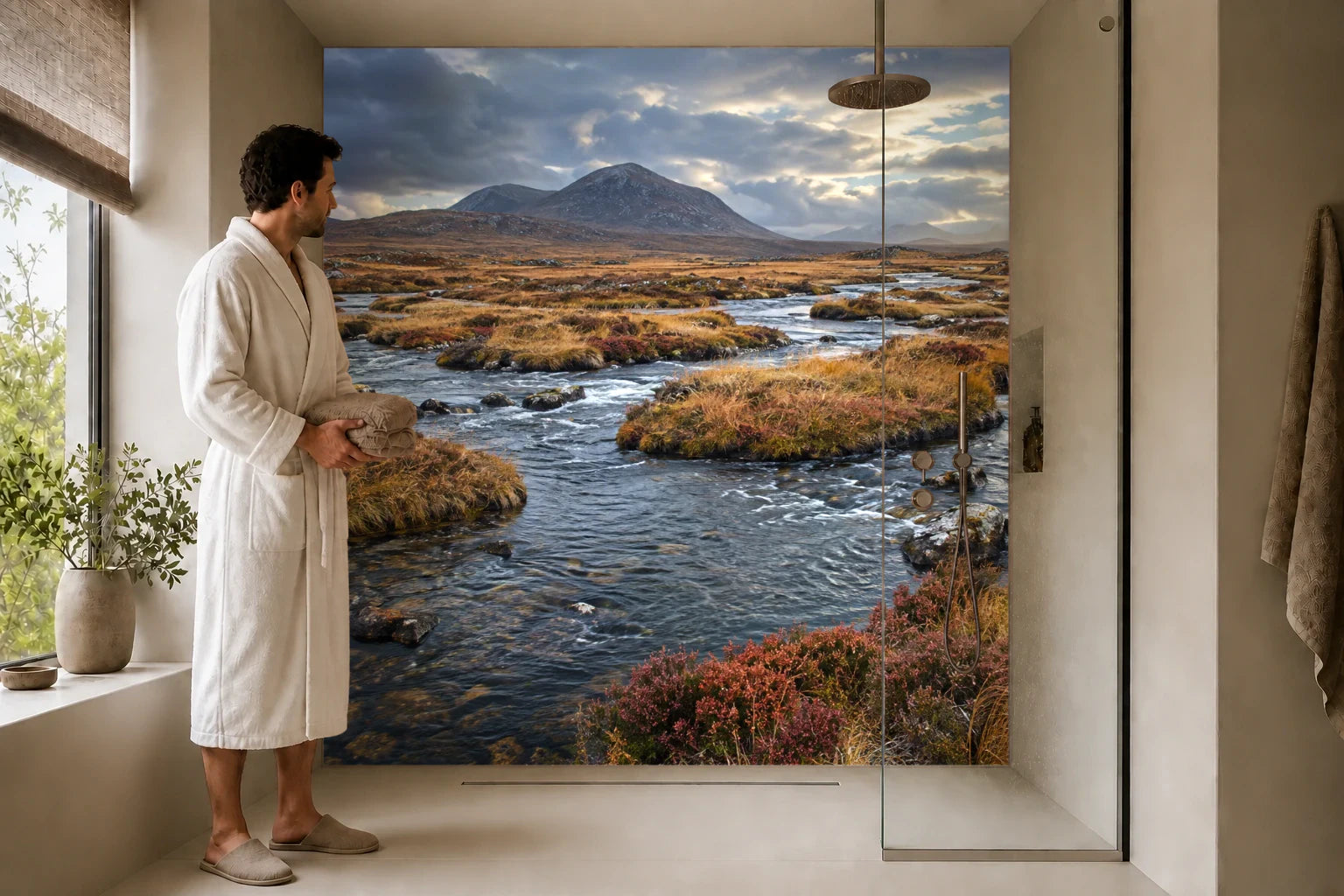 Duschrückwand „Flussarme im herbstlichen Moor“ in einer Dusche mit einem Mann im Bademantel