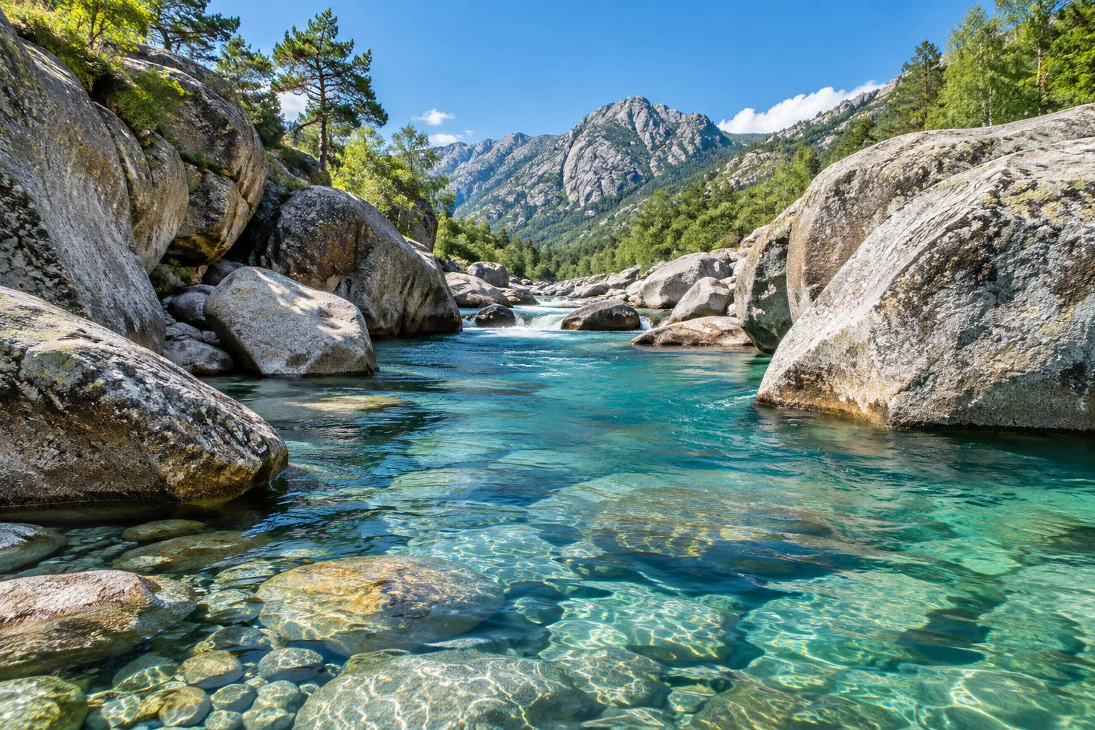 Motivvorschau „Klarer Fluss zwischen Granitfelsen“ für Duschrückwand