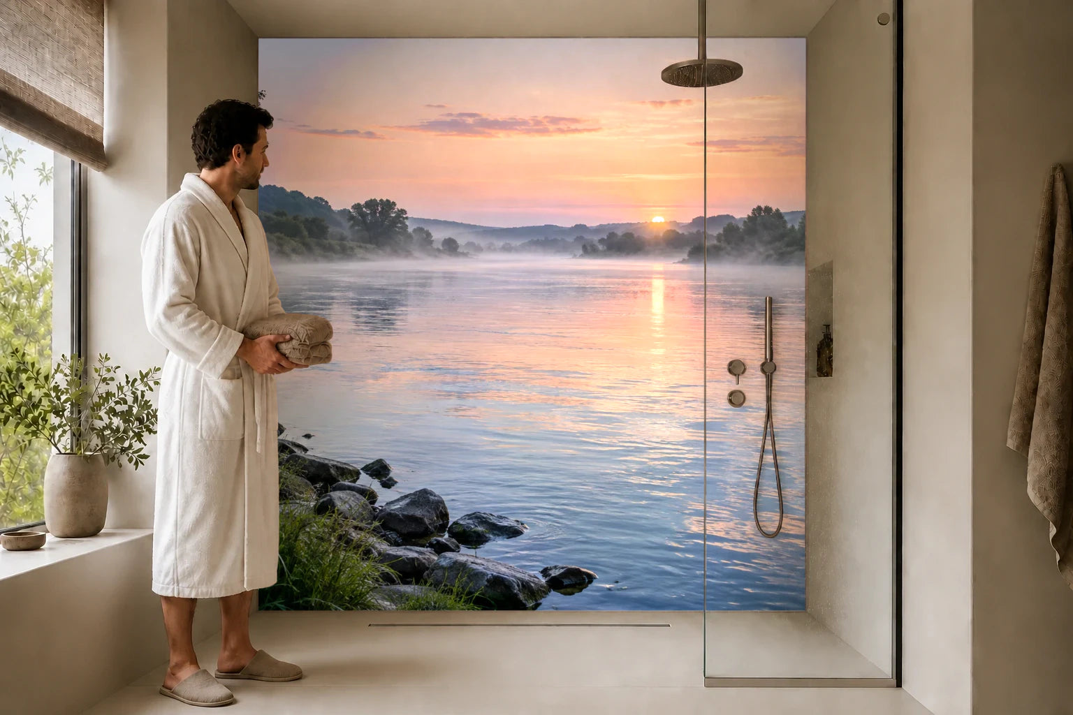 Duschrückwand „Breiter Fluss unter Morgennebel“ in einer Dusche mit einem Mann im Bademantel