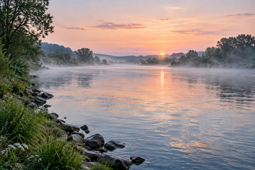 Motivvorschau „Breiter Fluss unter Morgennebel“ für Duschrückwand